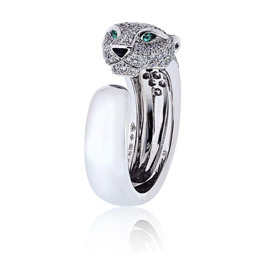 Cartier Panthere Lakarda Ring 18K White Gold Diamond Pave: Cartier Panthere Lakarda Ring 18K White Gold Diamond Pave Pre-owned Cartier Panthere Lakarda estate ring in 18K white gold, featuring the sculpted panther head motif with pave-set round diamonds. The 