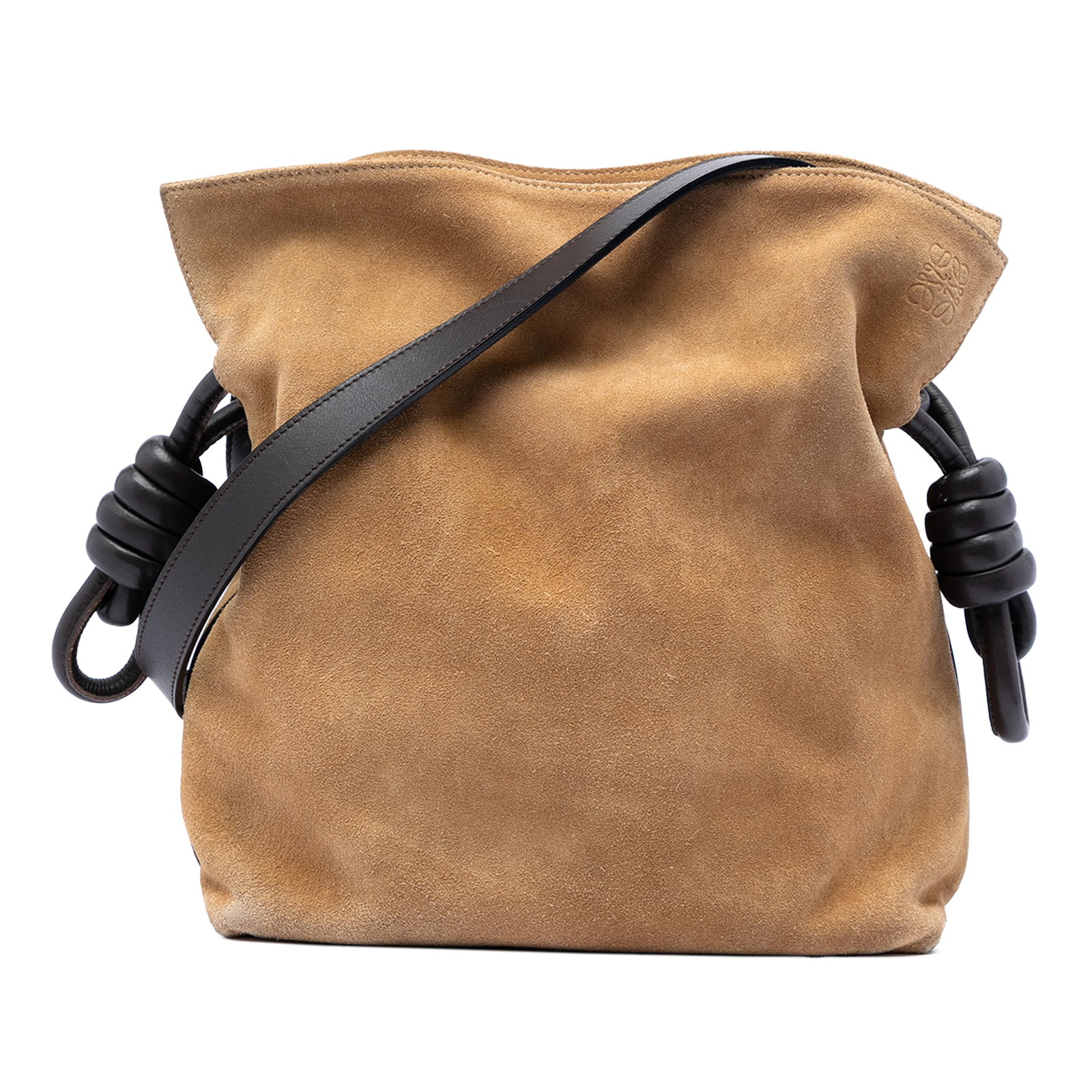 LOEWE Flamenco suede leather crossbody bag: LOEWE Flamenco suede leather crossbody bag This LOEWE Flamenco Knot Crossbody features a beige suede leather body with a distinctive knot detail, a flat leather strap, and an open top secured by a mag