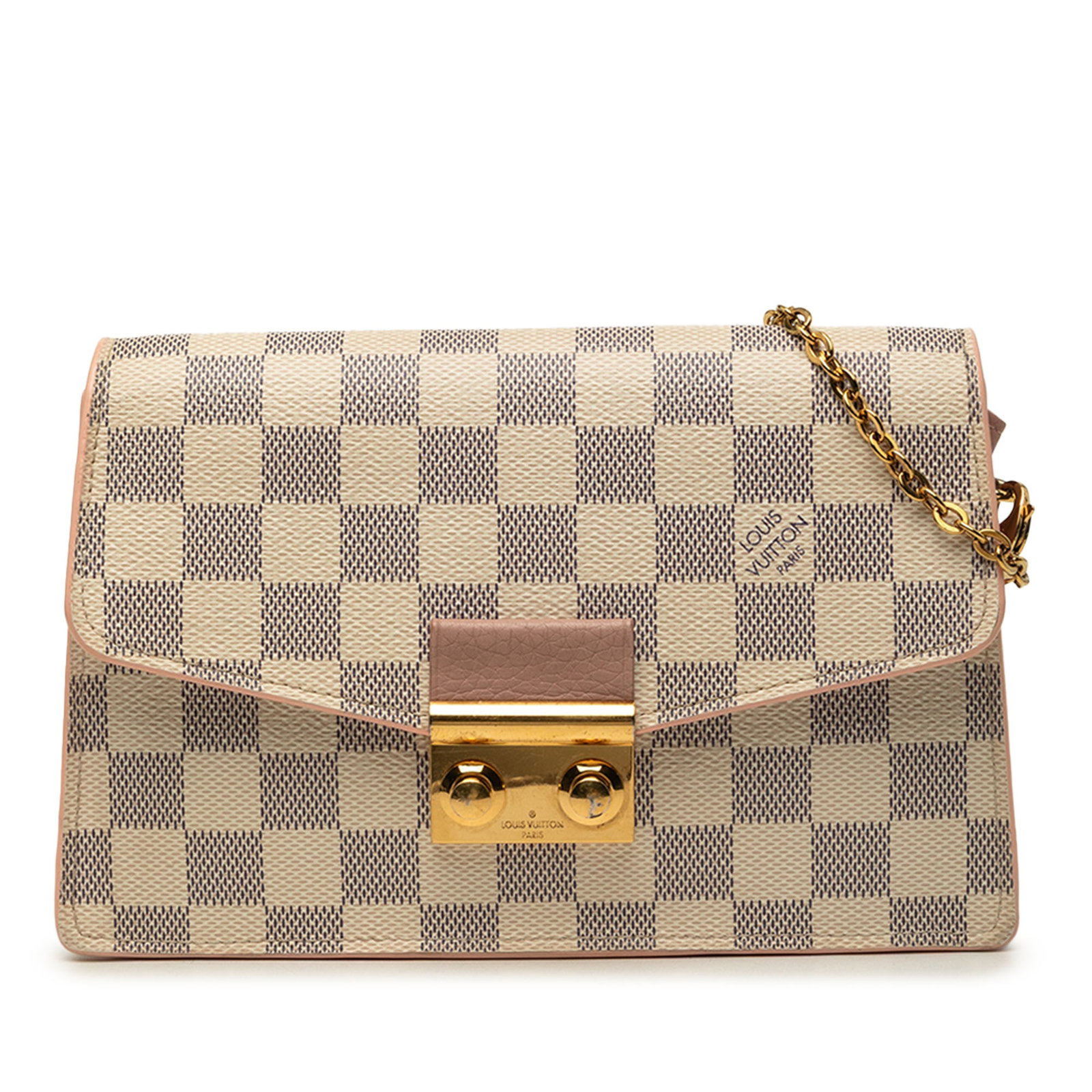 Louis Vuitton Croisette Wallet on Chain in Damier Azur: Louis Vuitton Croisette Wallet on Chain in Damier Azur Louis Vuitton Croisette Wallet on Chain in Damier Azur canvas with a front flap and gold-tone push-lock closure. The interior includes a top zip 