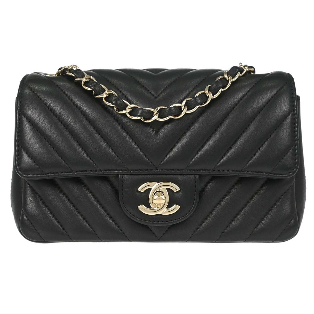 CHANEL Classic Flap black lambskin shoulder bag with chain strap: CHANEL Classic Flap black lambskin shoulder bag with chain strap Chanel Classic Flap shoulder bag in black lambskin leather with a chevron matelasse pattern and quilted finish. This small bag features