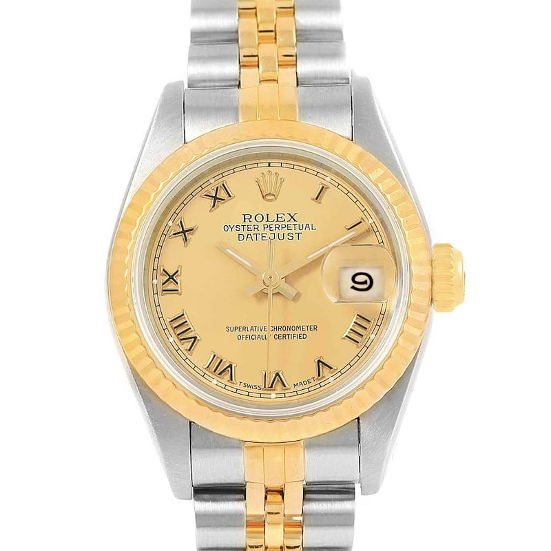 Rolex Datejust 69163 Ladies Watch Oyster Bracelet Aftermarket Champagne Roman Dial: Rolex Datejust 69163 Ladies Watch Oyster Bracelet Aftermarket Champagne Roman Dial Rolex Datejust ladies wristwatch featuring an Aftermarket champagne Roman dial, smooth bezel, and Oyster bracelet. Re