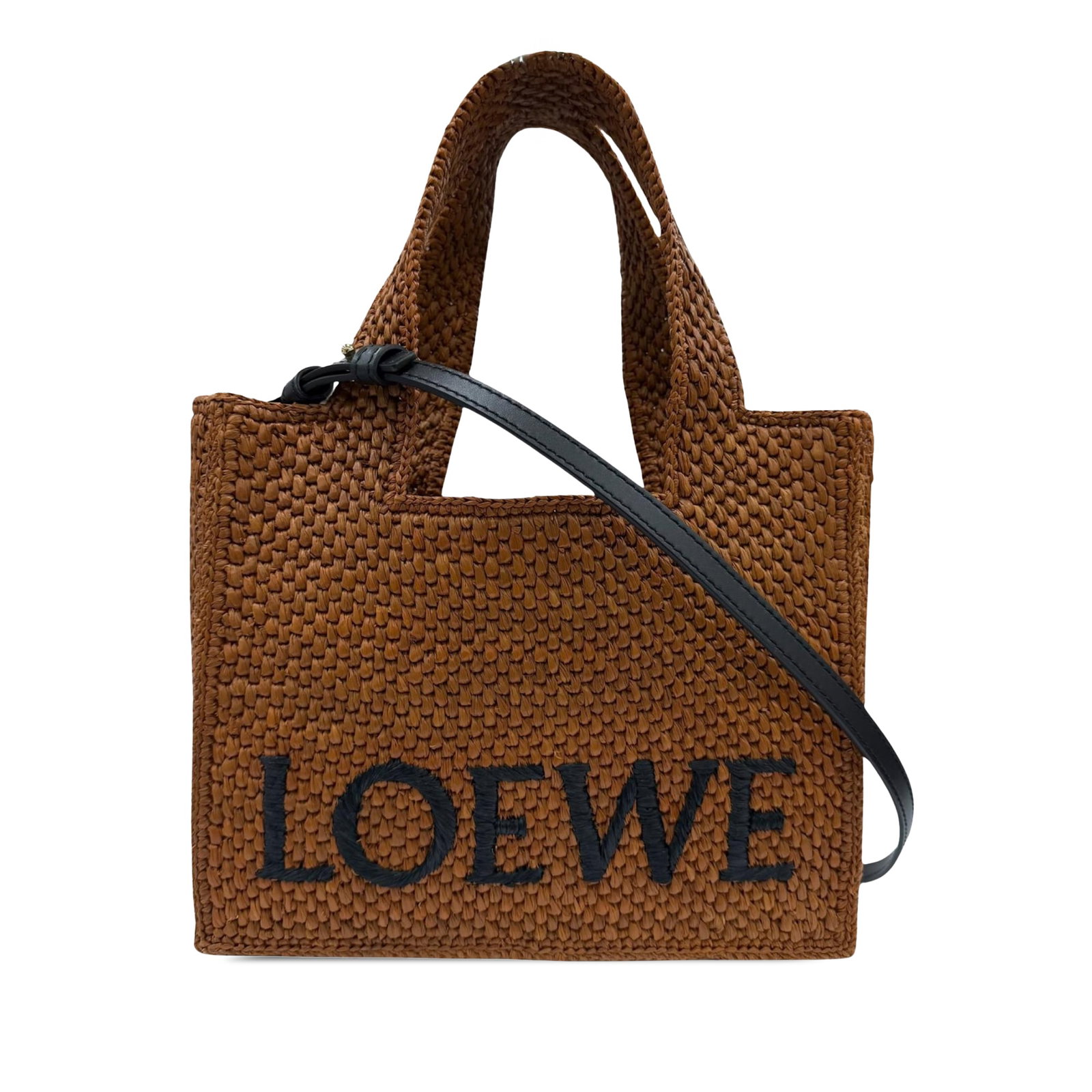 LOEWE Font Tote Small Raffia Satchel with Leather Strap: LOEWE Font Tote Small Raffia Satchel with Leather Strap A LOEWE Small Raffia Font Tote crafted with a raffia body, flat raffia handles, and a detachable flat leather strap. The bag has an open-top des