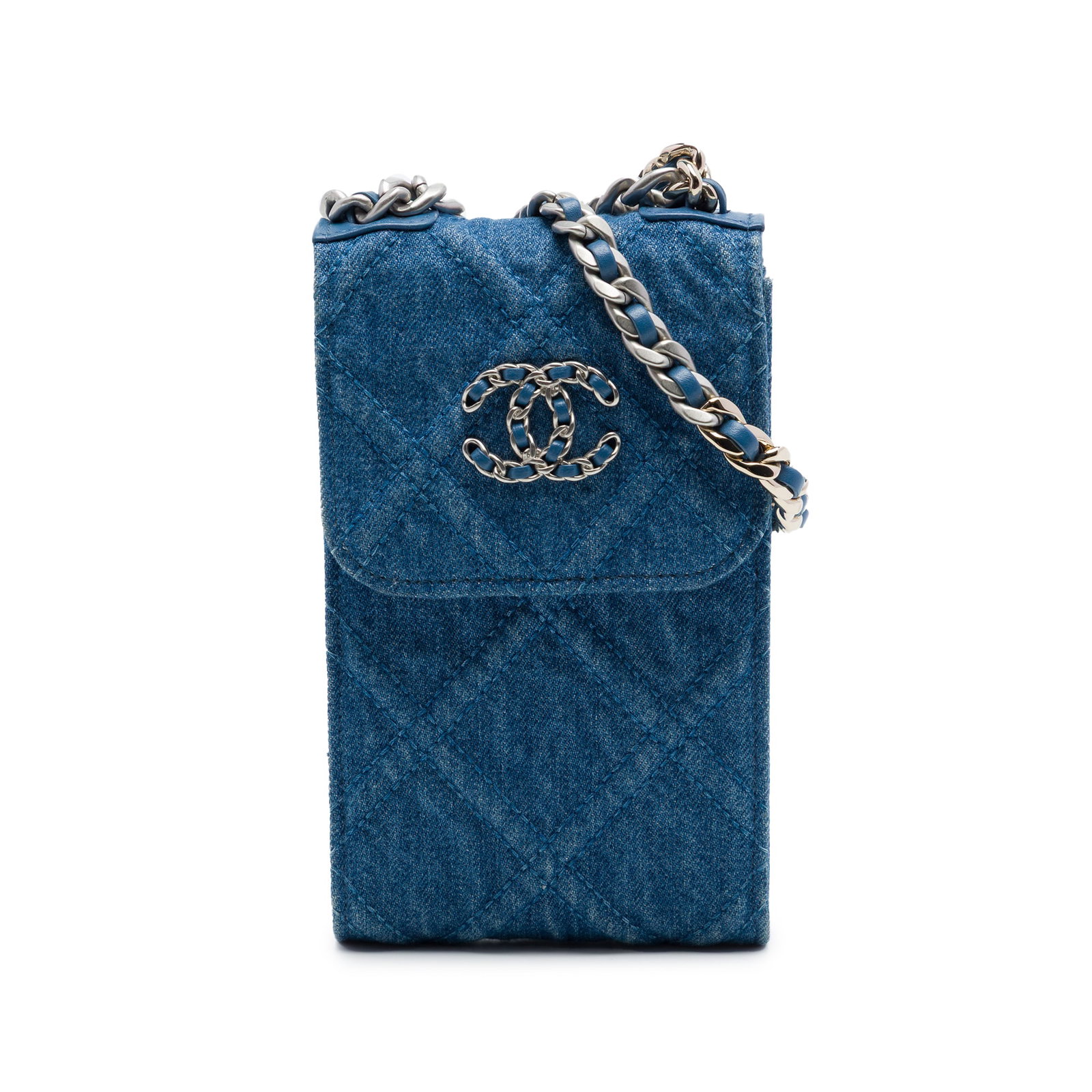 Chanel 19 Denim Phone Holder Bag with Chain Blue: Chanel 19 Denim Phone Holder Bag with Chain Blue Chanel Denim 19 Phone Holder with Chain in blue quilted denim. This bag features a chain-link handle, a leather-woven chain strap with a leather should