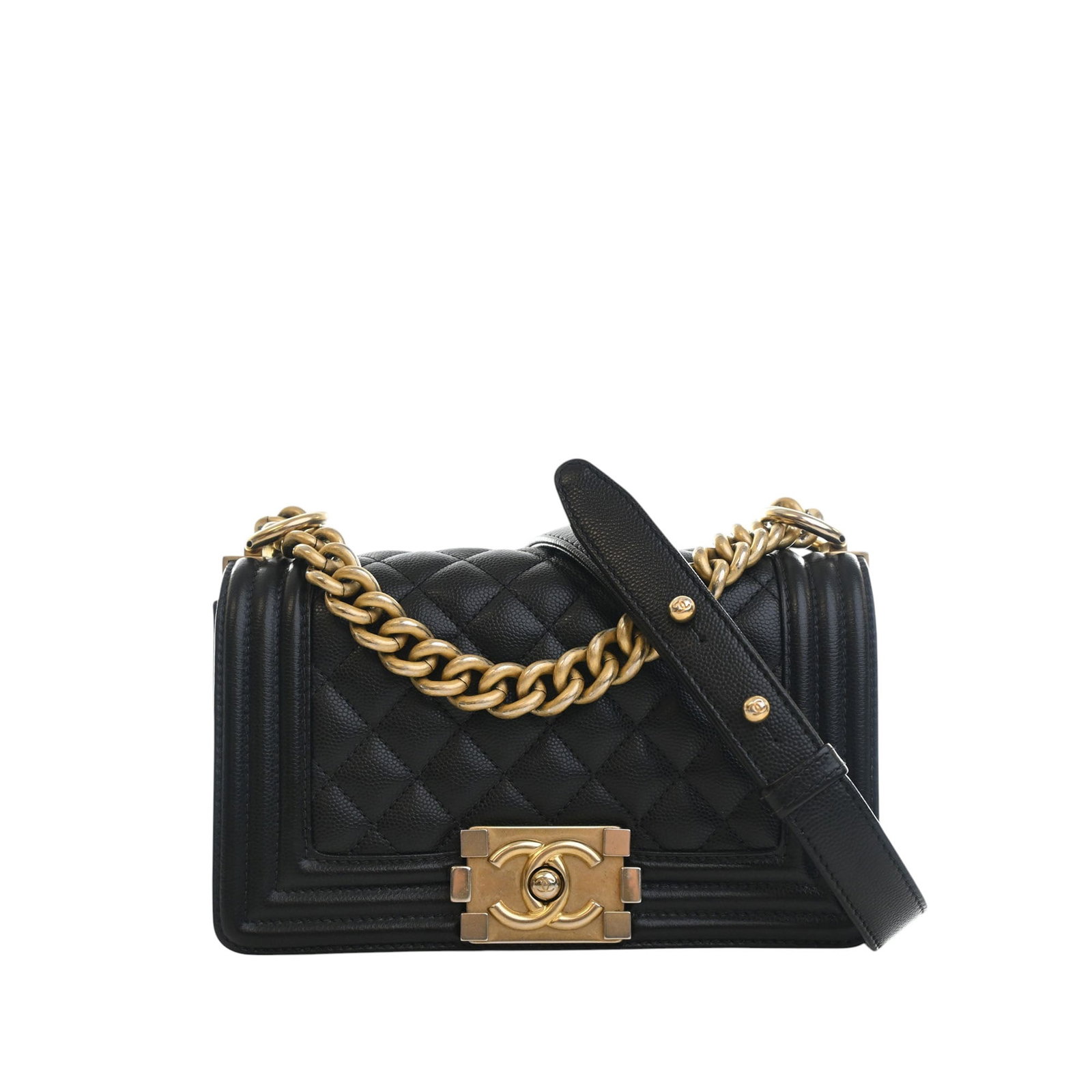 Chanel Boy Flap Small black quilted caviar leather crossbody: Chanel Boy Flap Small black quilted caviar leather crossbody A Chanel Small Quilted Caviar Boy Flap crossbody bag in black leather with the signature quilted body, curb chain strap with leather guard,