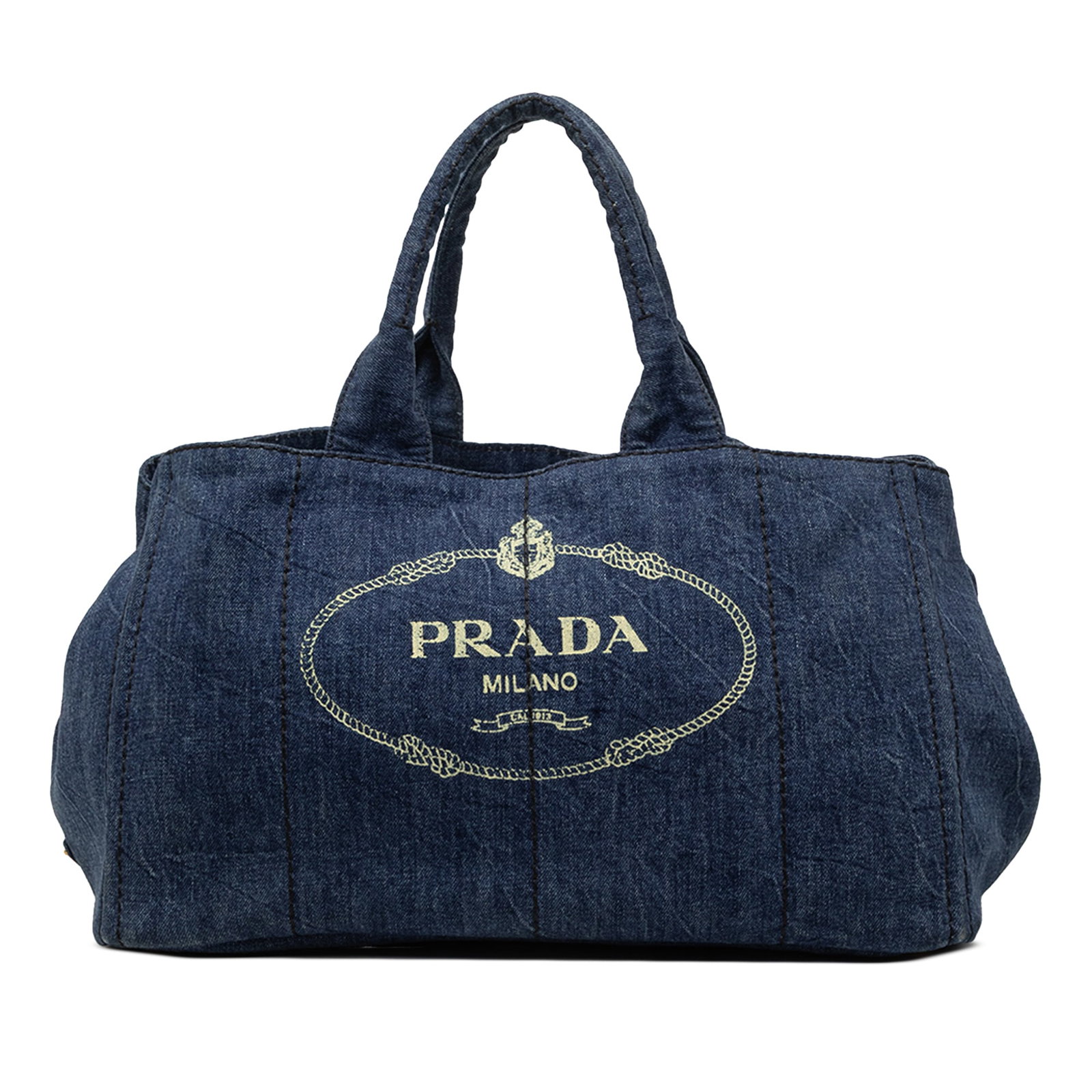 Prada Canapa Logo Tote Large Blue Denim Satchel: Prada Canapa Logo Tote Large Blue Denim Satchel Prada Large Denim Canapa Logo Tote satchel in blue fabric with rolled handles, an open top, and interior zip pockets. Includes dust bag and card. Condit