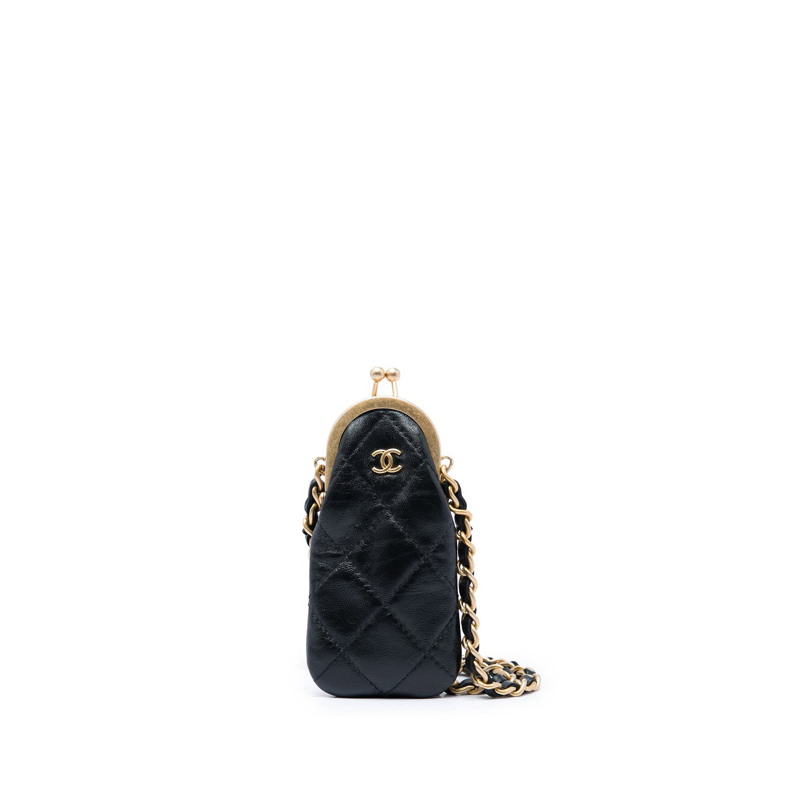 Chanel CC Lipstick Case on Chain Quilted Lambskin Black: Chanel CC Lipstick Case on Chain Quilted Lambskin Black Chanel CC Quilted Lambskin Lipstick Case on Chain in black lambskin leather with a leather-woven chain shoulder strap and top kiss lock closure.