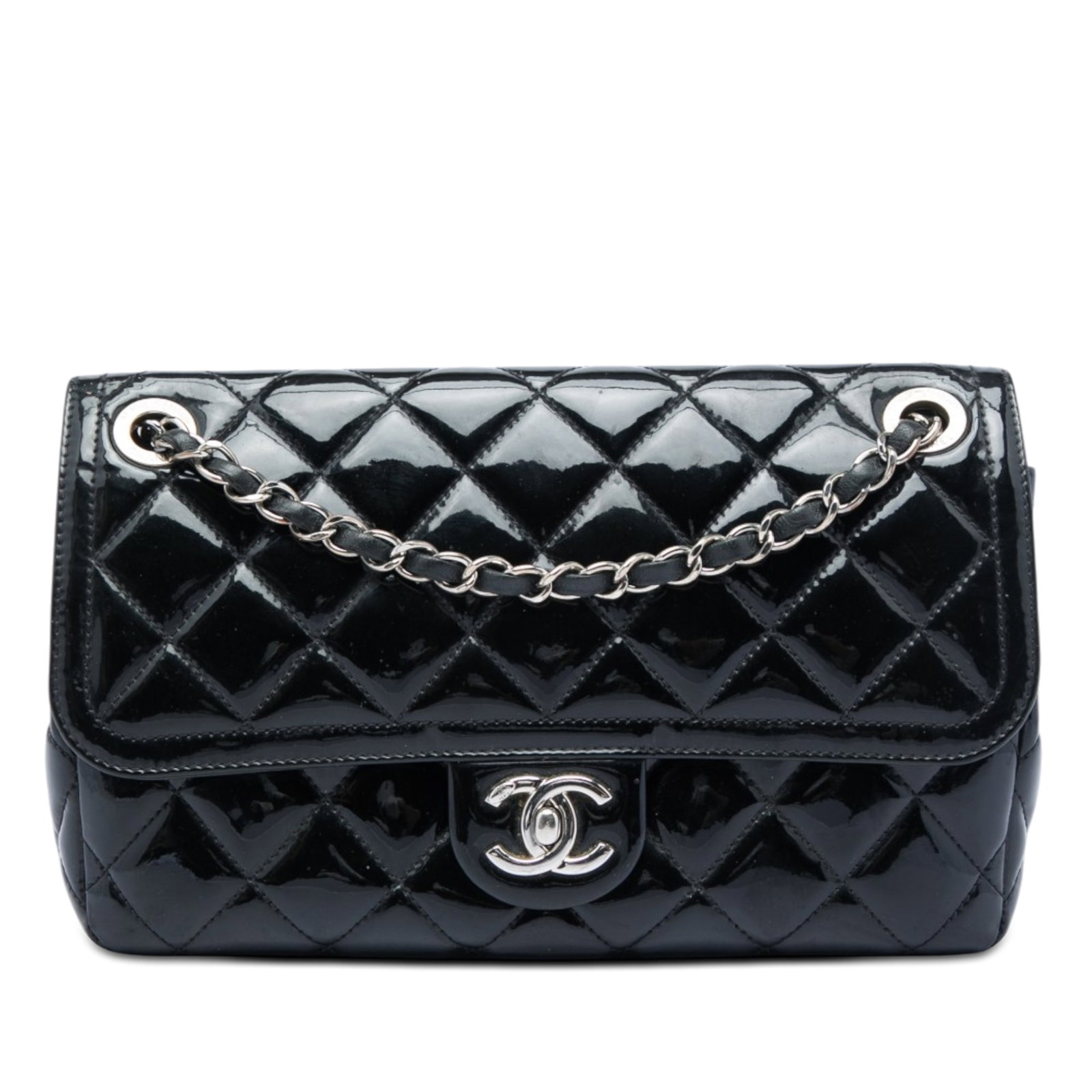 Chanel Coco Shine Small Patent Leather Quilted Flap Shoulder Bag: Chanel Coco Shine Small Patent Leather Quilted Flap Shoulder Bag A Chanel Small Quilted Patent Coco Shine Flap shoulder bag in black patent leather. It features a quilted body, a leather-woven chain s