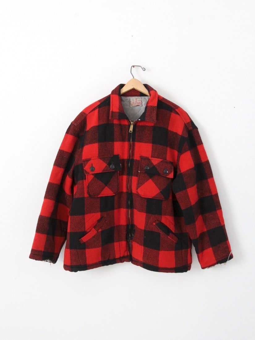 Vintage 1950s Brother Union Wool Jacket Red Black Plaid: Vintage 1950s Brother Union Wool Jacket Red Black Plaid This striking 1950s Brother Union Made wool jacket boasts a bold red and black plaid design, featuring a classic buffalo check pattern. It is de