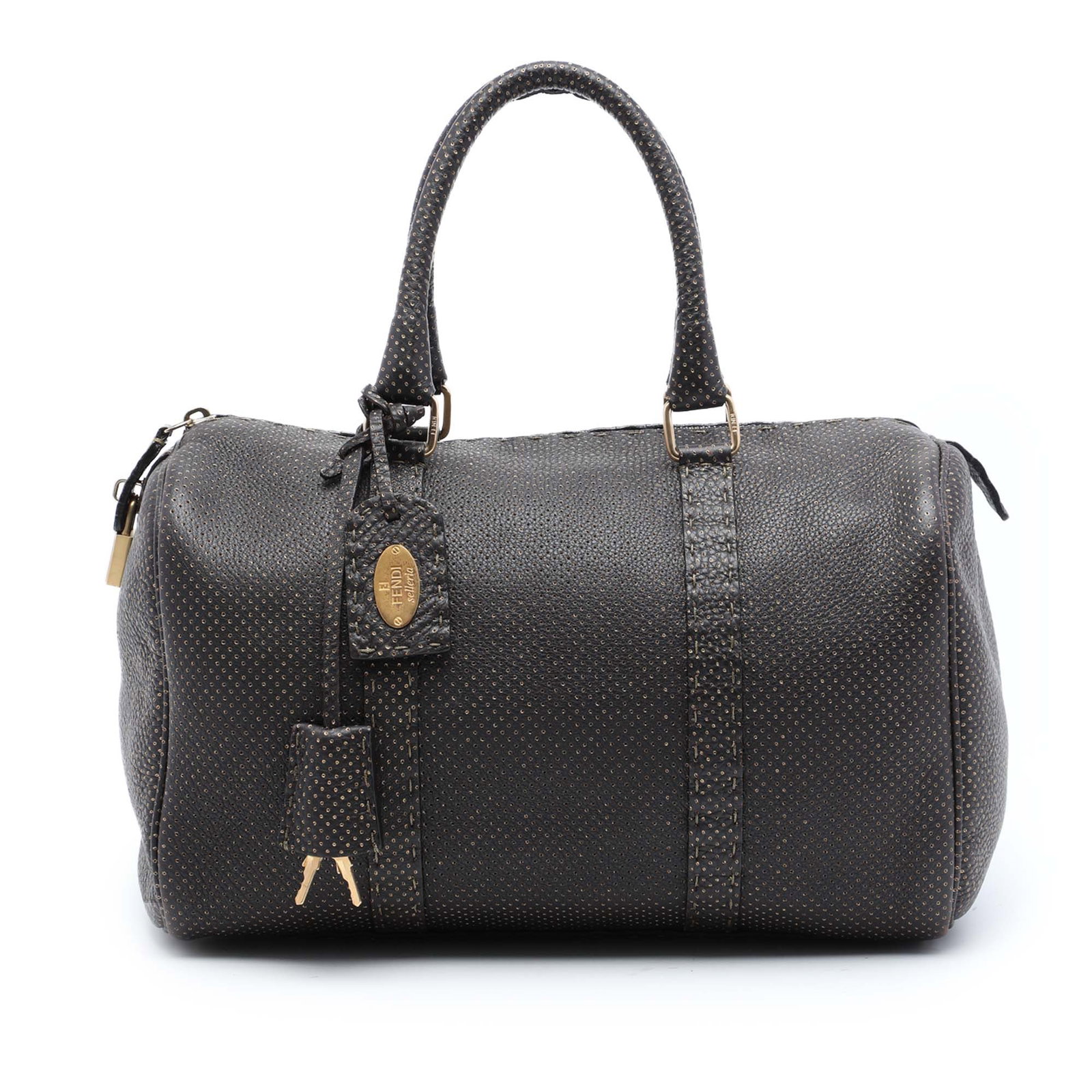 Fendi Selleria Boston Bag in Brown Perforated Leather (1 of 7)