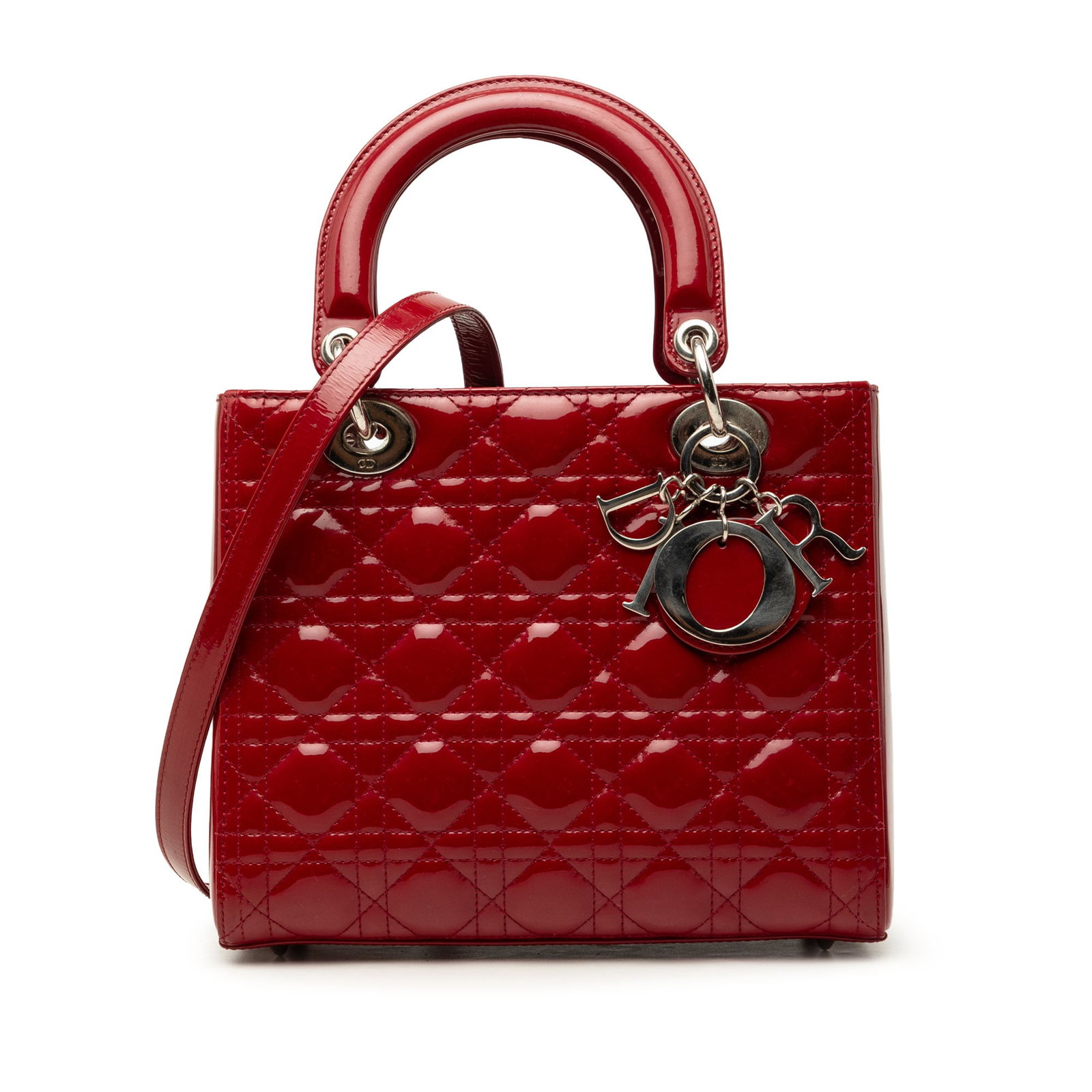 Dior Lady Dior Medium Red Patent Leather Cannage Bag: Dior Lady Dior Medium Red Patent Leather Cannage Bag Medium Lady Dior handbag in red patent leather with Cannage quilting. It features flat top handles, a detachable leather strap, a top zip closure, 