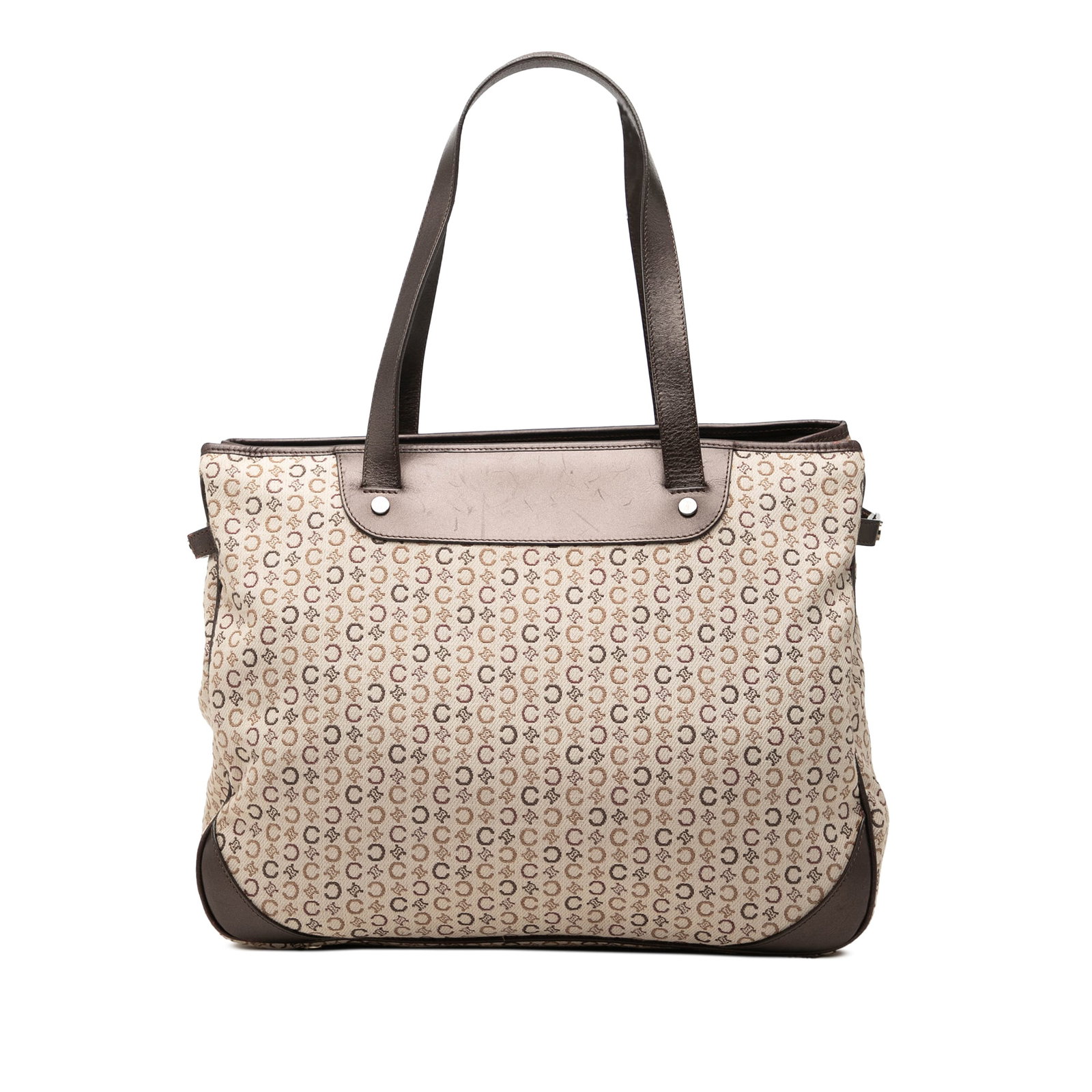 Celine C Macadam Tote Bag in Canvas with Leather Trim: Celine C Macadam Tote Bag in Canvas with Leather Trim Celine C Macadam tote bag in beige canvas with leather trim and flat leather straps. The bag features an open top, an interior zip compartment, an