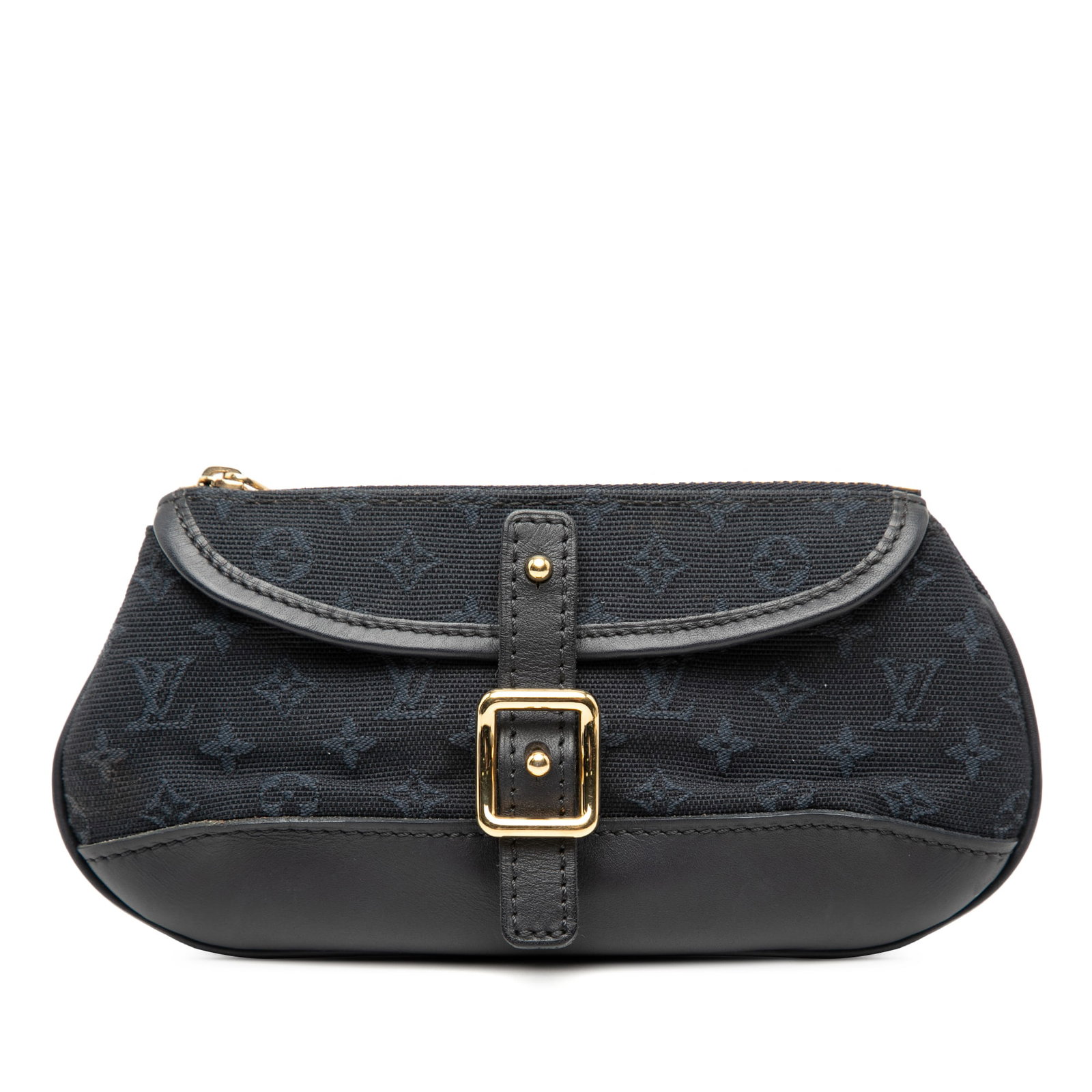 Louis Vuitton Anne Sophie Mini Lin Canvas Pouch with Buckle Detail: Louis Vuitton Anne Sophie Mini Lin Canvas Pouch with Buckle Detail This Louis Vuitton Anne Sophie Pouch features a monogram mini lin canvas body with leather trim, a front buckle detail, and a top zip
