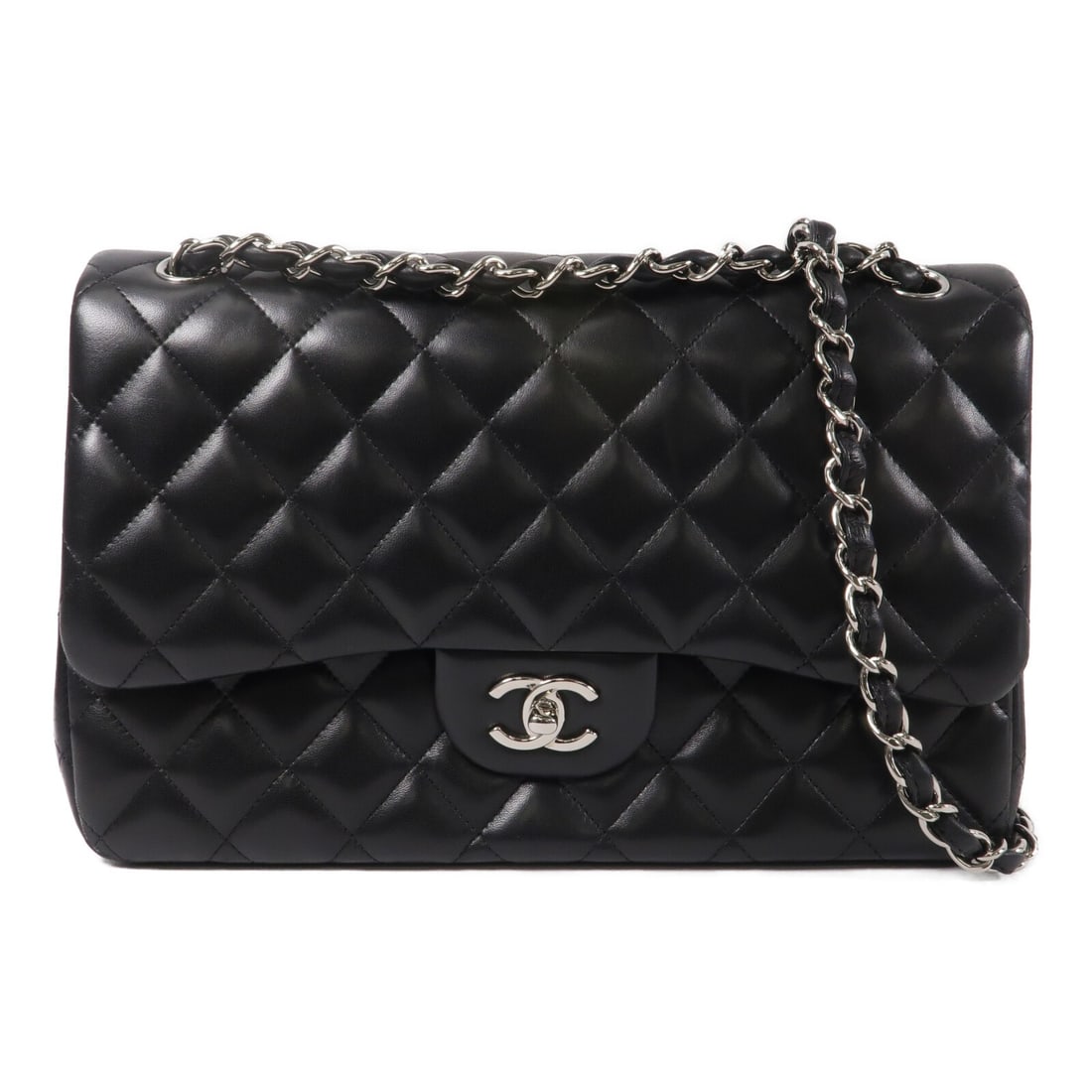 CHANEL A58600 Large Classic Shoulder Bag Black Lambskin CC SHW: CHANEL A58600 Large Classic Shoulder Bag Black Lambskin CC SHW Large Chanel Classic shoulder bag in black lambskin leather with the signature CC turn-lock closure and chain shoulder strap. This women'