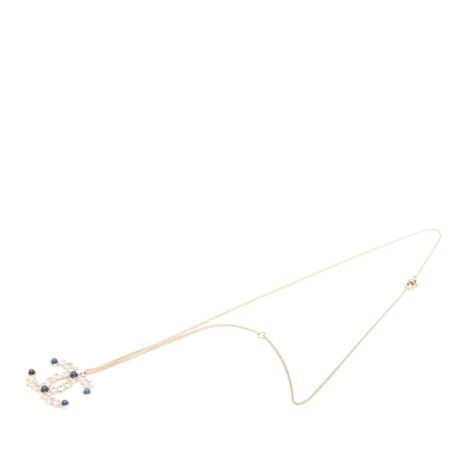 Chanel CC Pendant Necklace Gold Plated Strass Cabochon: Chanel CC Pendant Necklace Gold Plated Strass Cabochon Chanel CC pendant necklace featuring a gold-plated metal body with strass and cabochon details. This costume jewelry piece is finished with a lob