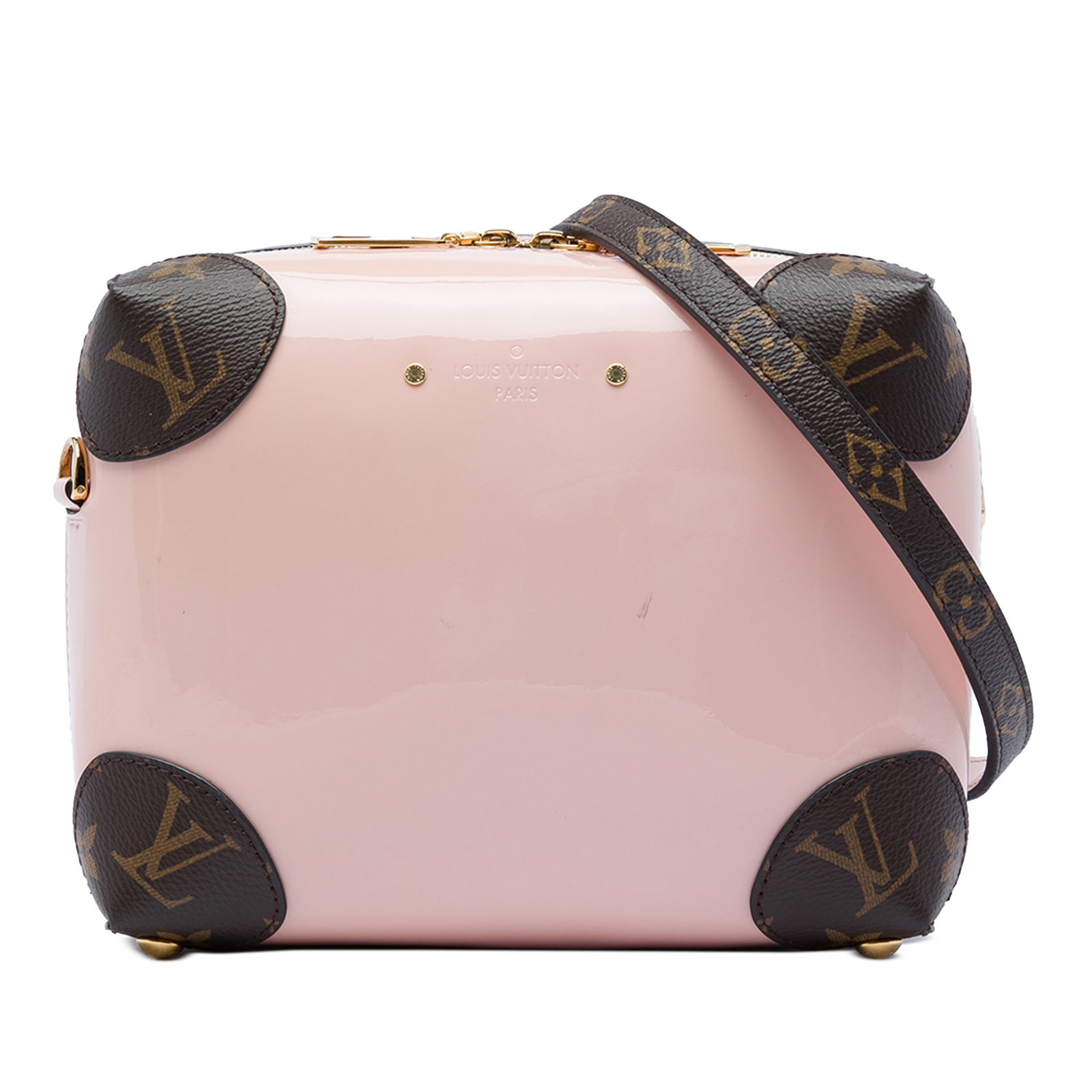 Louis Vuitton Vernis Miroir Venice Pink Leather Shoulder Bag: Louis Vuitton Vernis Miroir Venice Pink Leather Shoulder Bag A compact Louis Vuitton Vernis Miroir Venice bag crafted with a vernis leather body and monogram canvas trim. It features an adjustable fla