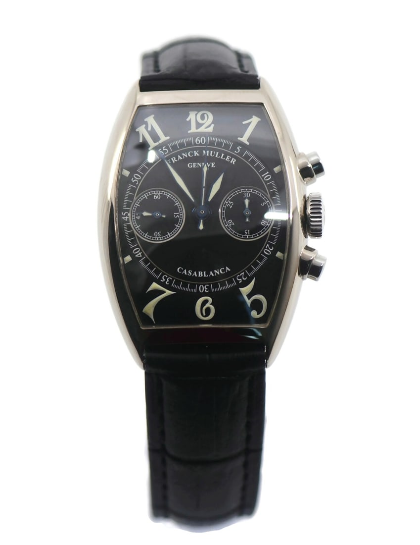 Franck Muller Casablanca Chronograph 18K White Gold Watch Ref 5850CC with Box and Papers: Franck Muller Casablanca Chronograph 18K White Gold Watch Ref 5850CC with Box and Papers Introducing the Franck Muller Casablanca Chronograph, a luxurious wristwatch crafted in 18K white gold. This ex