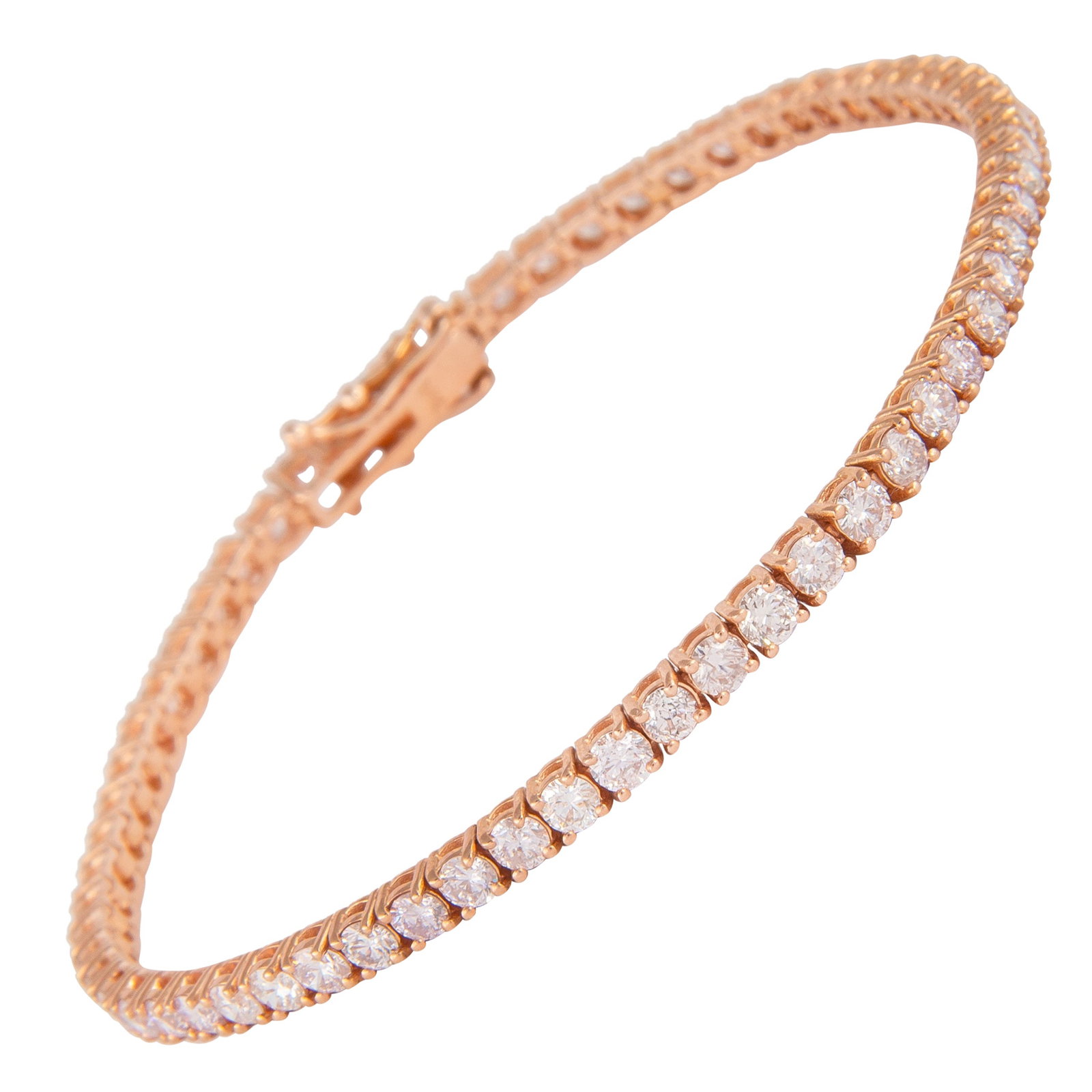 14k Rose Gold Diamond Tennis Bracelet 4.30ct: 14k Rose Gold Diamond Tennis Bracelet 4.30ct Diamond tennis bracelet set with 62 round brilliant diamonds totaling 4.30 ct in a four-prong 14k rose gold setting. This modern bracelet is un-used and wa