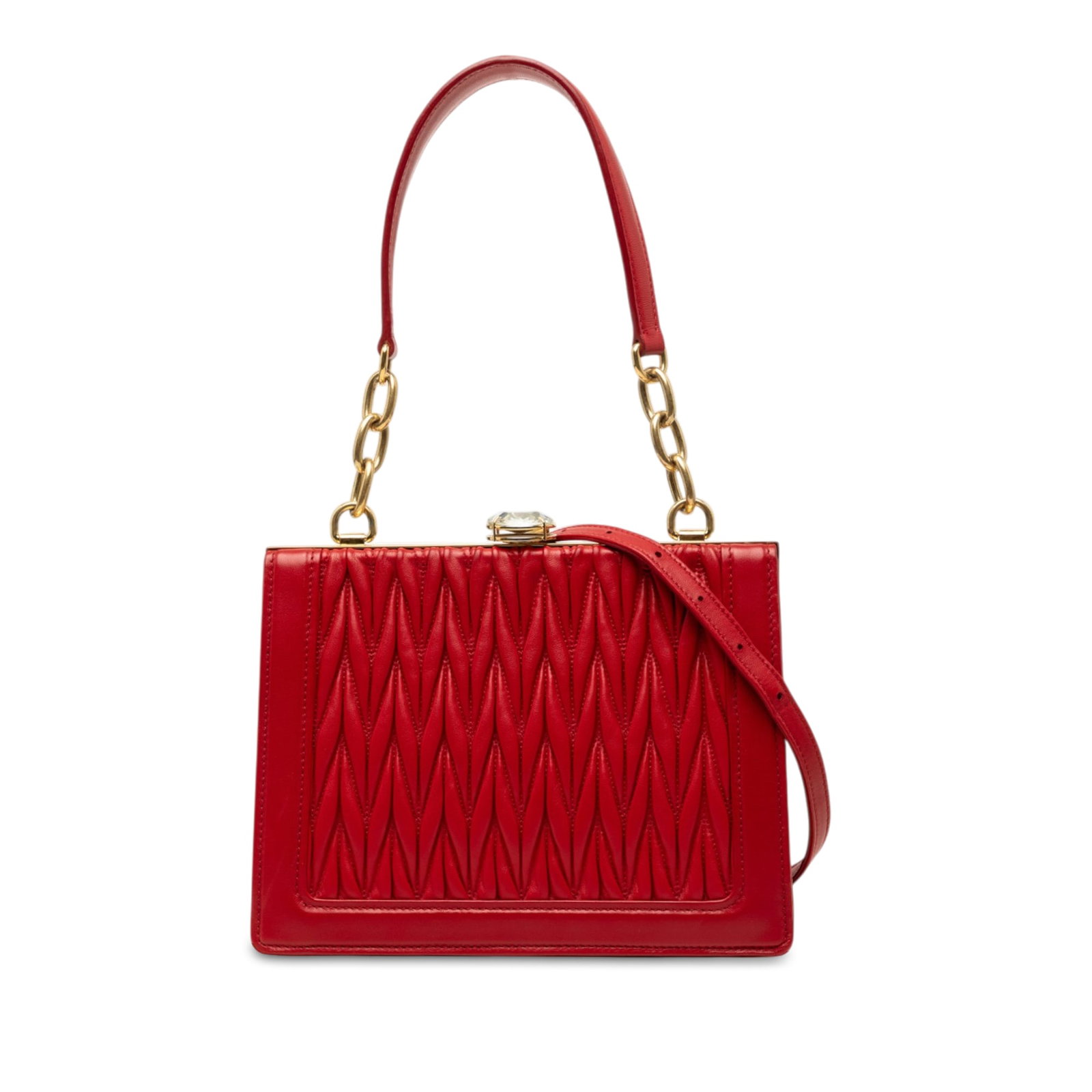 Miu Miu Solitaire Kiss Lock Satchel Red Matelasse Lambskin: Miu Miu Solitaire Kiss Lock Satchel Red Matelasse Lambskin A Miu Miu Matelasse Lambskin Kiss Lock Solitaire Satchel in red leather with a quilted finish. This satchel features a curb chain handle, an