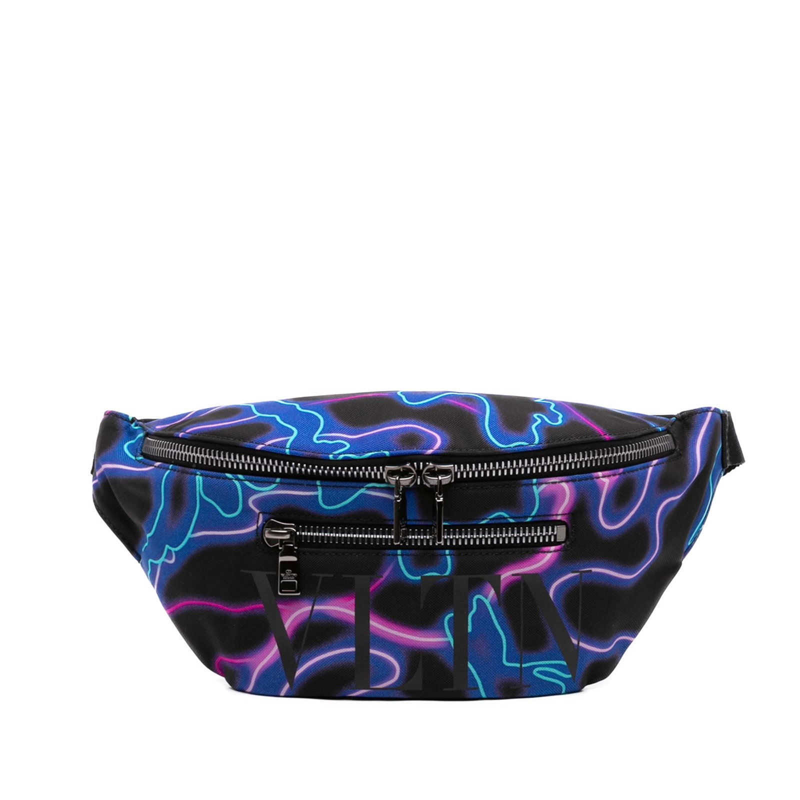 Valentino VLTN Neon Camo Nylon Belt Bag: Valentino VLTN Neon Camo Nylon Belt Bag Valentino belt bag in black nylon with VLTN neon camouflage print details. It features an adjustable flat canvas waist strap, a two-way top zip closure, and an