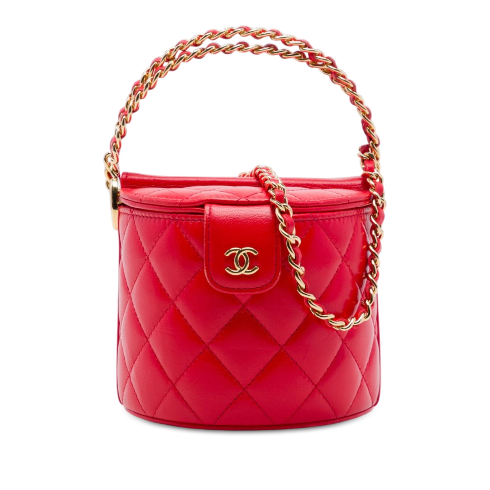 Chanel CC Round Vanity Case Red Quilted Lambskin Chain Strap: Chanel CC Round Vanity Case Red Quilted Lambskin Chain Strap A Chanel round vanity case crafted in red quilted lambskin leather. This bag features leather-woven chain top handles, a leather-woven chai