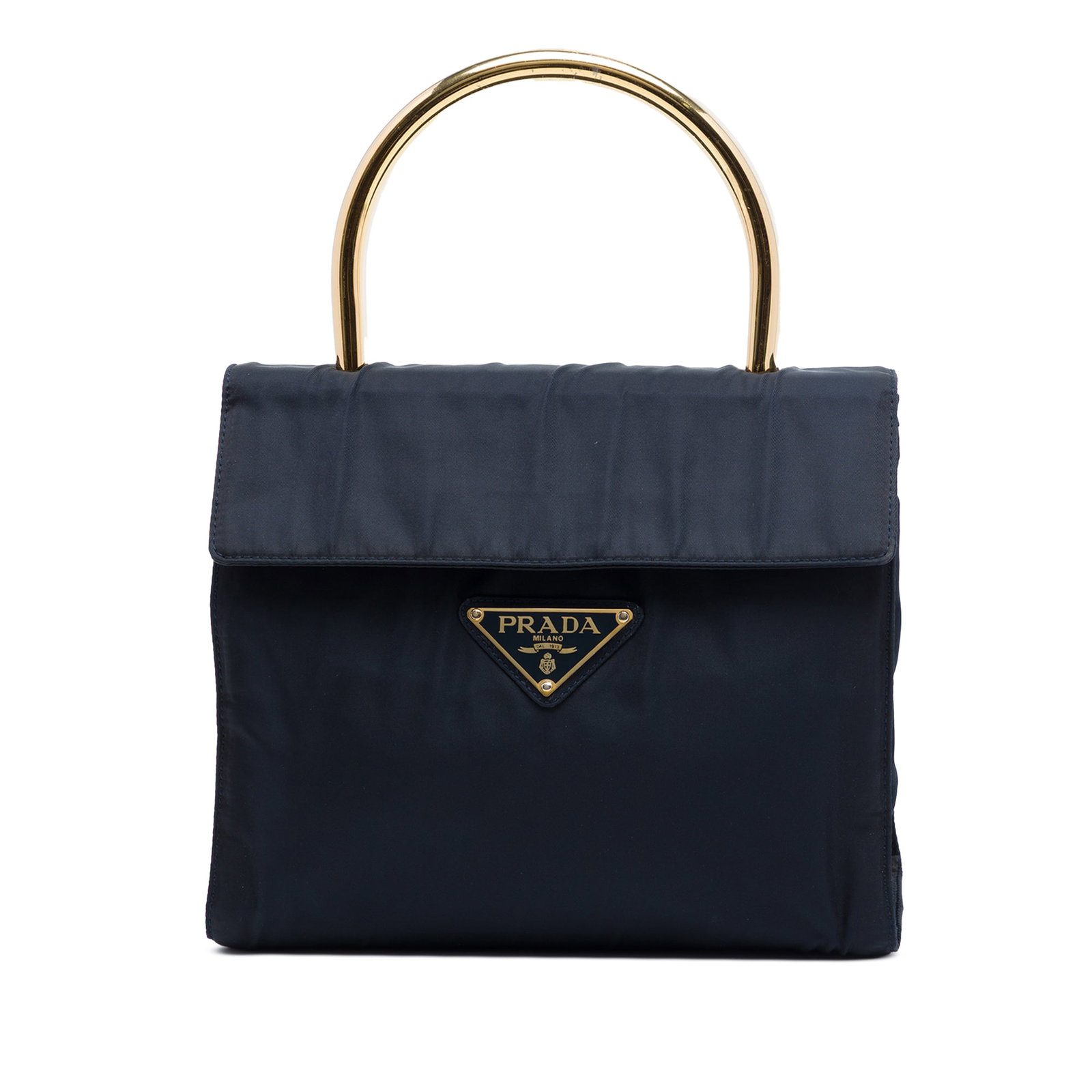 Prada Tessuto Top Handle Handbag in Black Nylon: Prada Tessuto Top Handle Handbag in Black Nylon Prada Tessuto Metal Top Handle Bag in black with a nylon body, metal top handle, front flap with snap closure, and an interior zip pocket. Condition is 