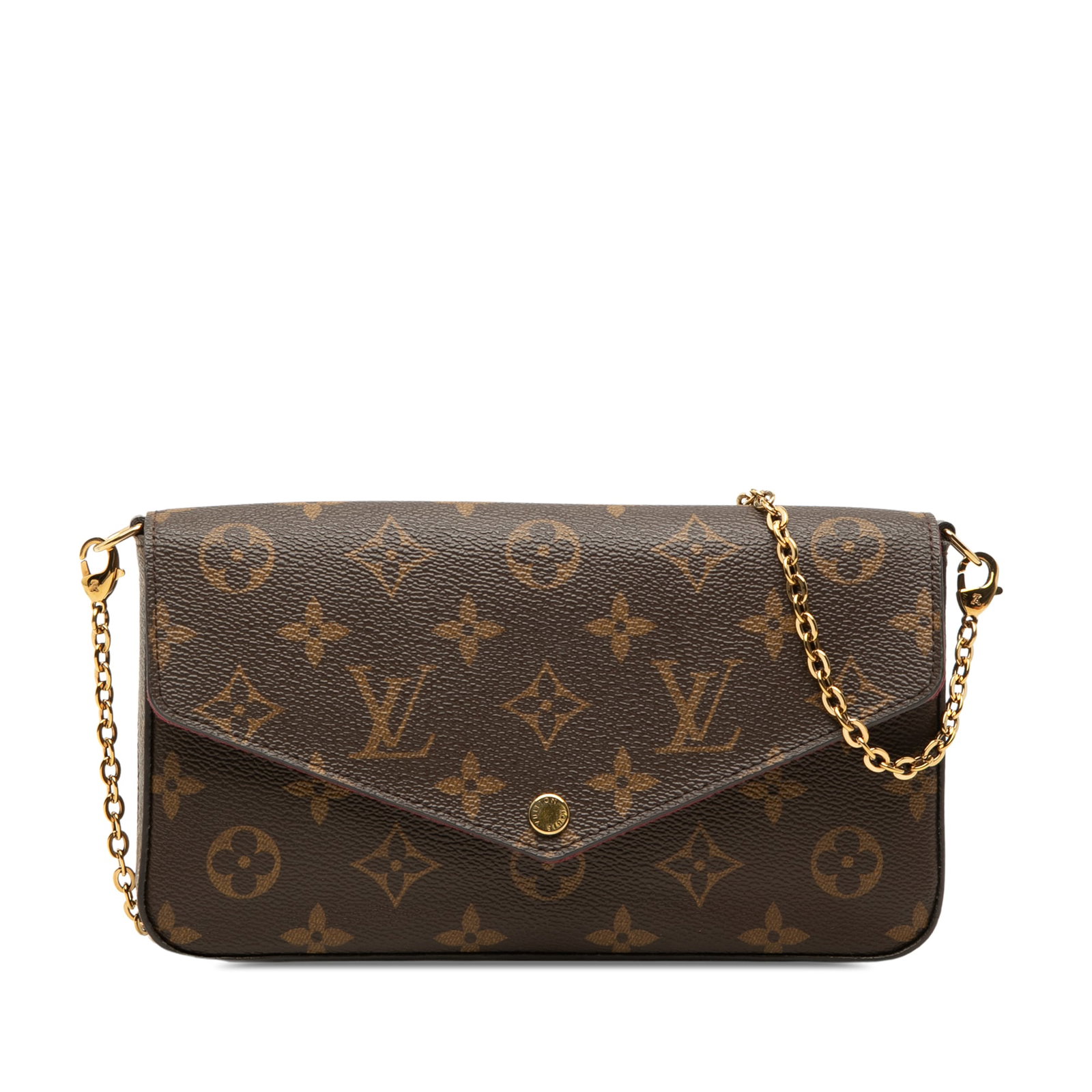 Louis Vuitton Monogram Pochette Felicie Crossbody Bag with Chain: Louis Vuitton Monogram Pochette Felicie Crossbody Bag with Chain Louis Vuitton Monogram Pochette Felicie crossbody bag in brown monogram canvas with a detachable gold-tone chain shoulder strap and top