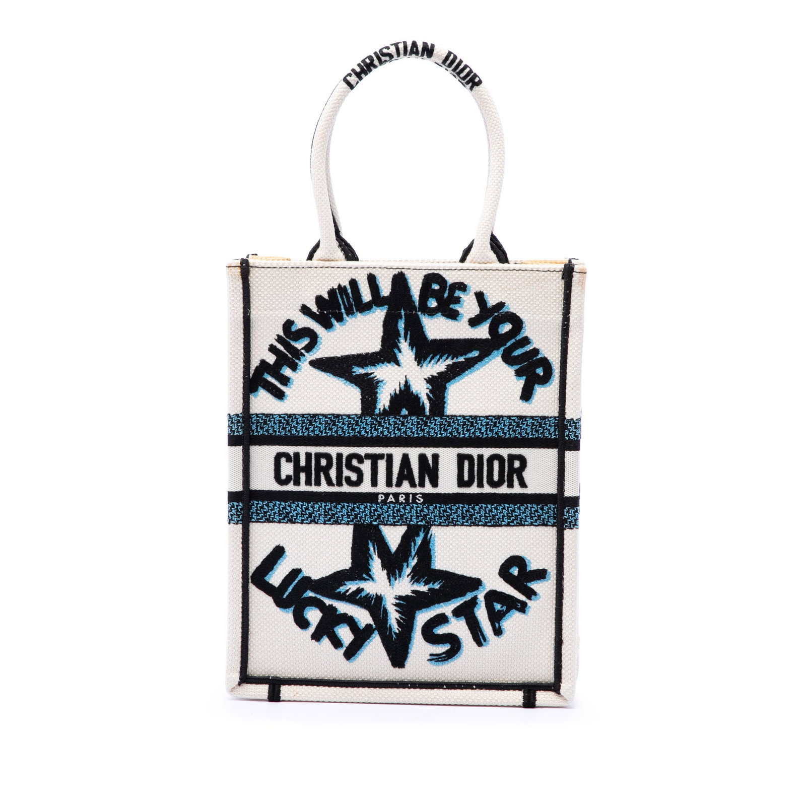 Dior Lucky Star Vertical Book Tote Embroidered Canvas Bag: Dior Lucky Star Vertical Book Tote Embroidered Canvas Bag A Dior Lucky Star Vertical Book Tote crafted in embroidered canvas with a structured silhouette, rolled handles, and an open top. Made in Ital