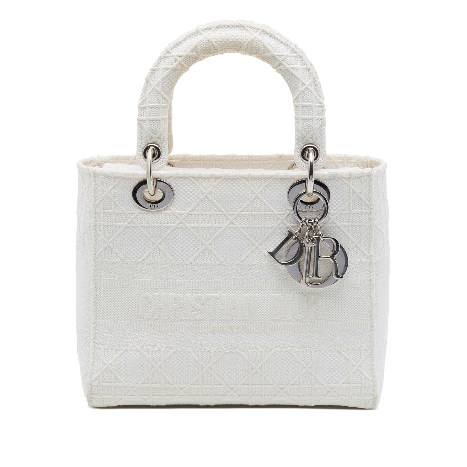 Dior Lady D Lite Medium Cannage Embroidered Canvas Bag: Dior Lady D Lite Medium Cannage Embroidered Canvas Bag Medium Lady D-Lite bag in embroidered canvas with the Cannage pattern. It features flat top handles, a fold-in flap closure, and an interior zip 