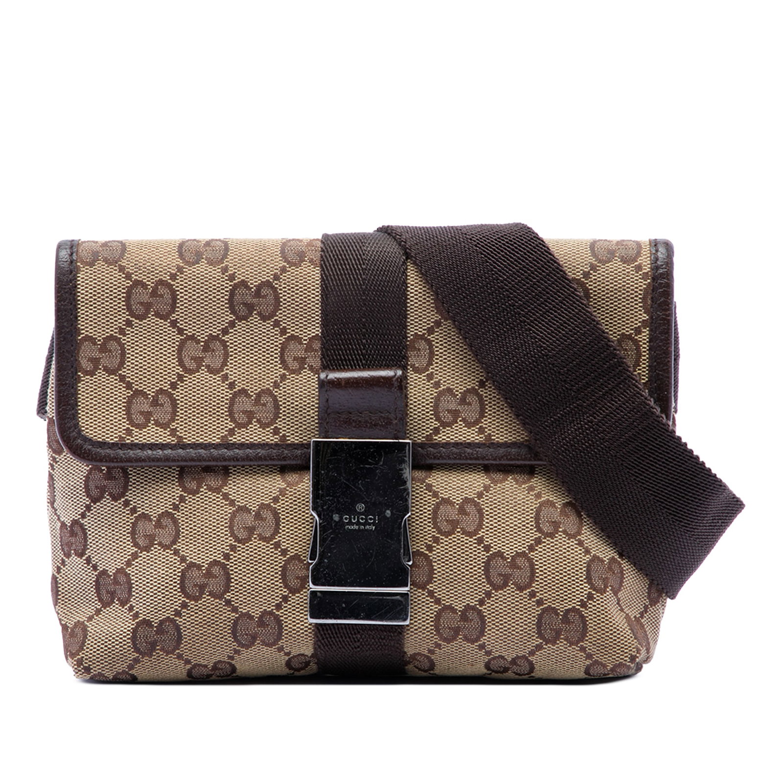 Gucci GG Canvas Waist Bag Beige Fabric and Leather Trim: Gucci GG Canvas Waist Bag Beige Fabric and Leather Trim Gucci GG Canvas Belt Bag in beige fabric with leather trim. This waist bag features an adjustable flat waist strap, a flap with buckle closure, 