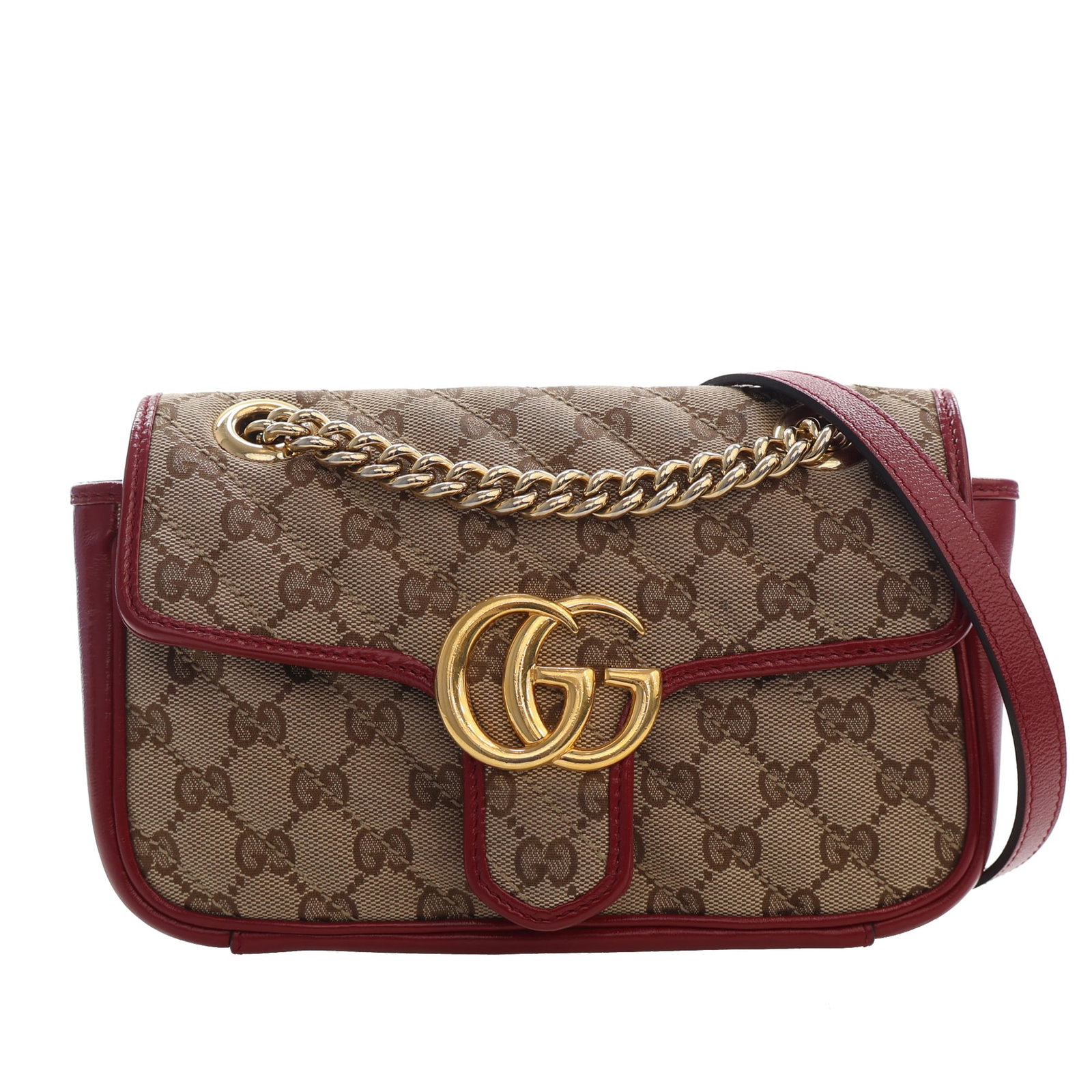 Gucci GG Marmont Small Shoulder Bag in Beige Canvas Leather: Gucci GG Marmont Small Shoulder Bag in Beige Canvas Leather Gucci Small GG Marmont shoulder bag crafted with a canvas body and leather trim. The design features a chain link and flat leather strap, a 