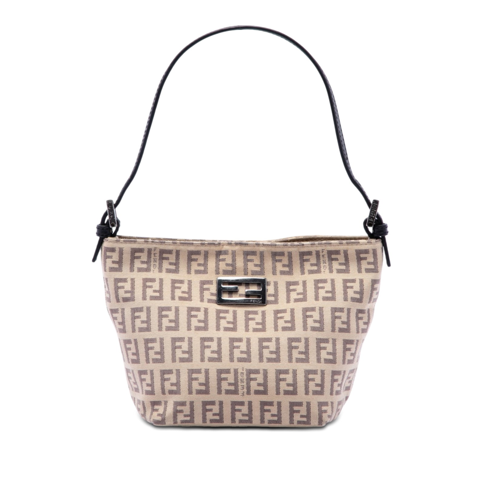 Fendi Zucchino Brown Canvas Shoulder Handbag: Fendi Zucchino Brown Canvas Shoulder Handbag A compact Fendi Zucchino canvas handbag with a brown fabric body and flat leather strap. The bag features an open top with magnetic snap closure and an int