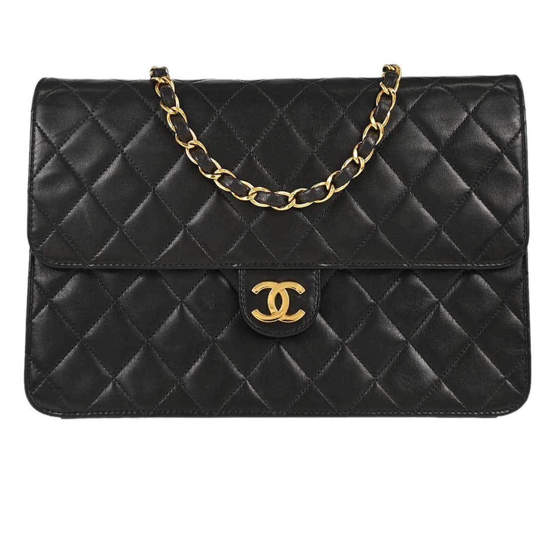 CHANEL Classic Single Flap Medium Black Lambskin Shoulder Bag: CHANEL Classic Single Flap Medium Black Lambskin Shoulder Bag Chanel Classic Single Flap shoulder bag in black lambskin with a pushlock turn-lock closure and crossbody strap. This medium bag features 