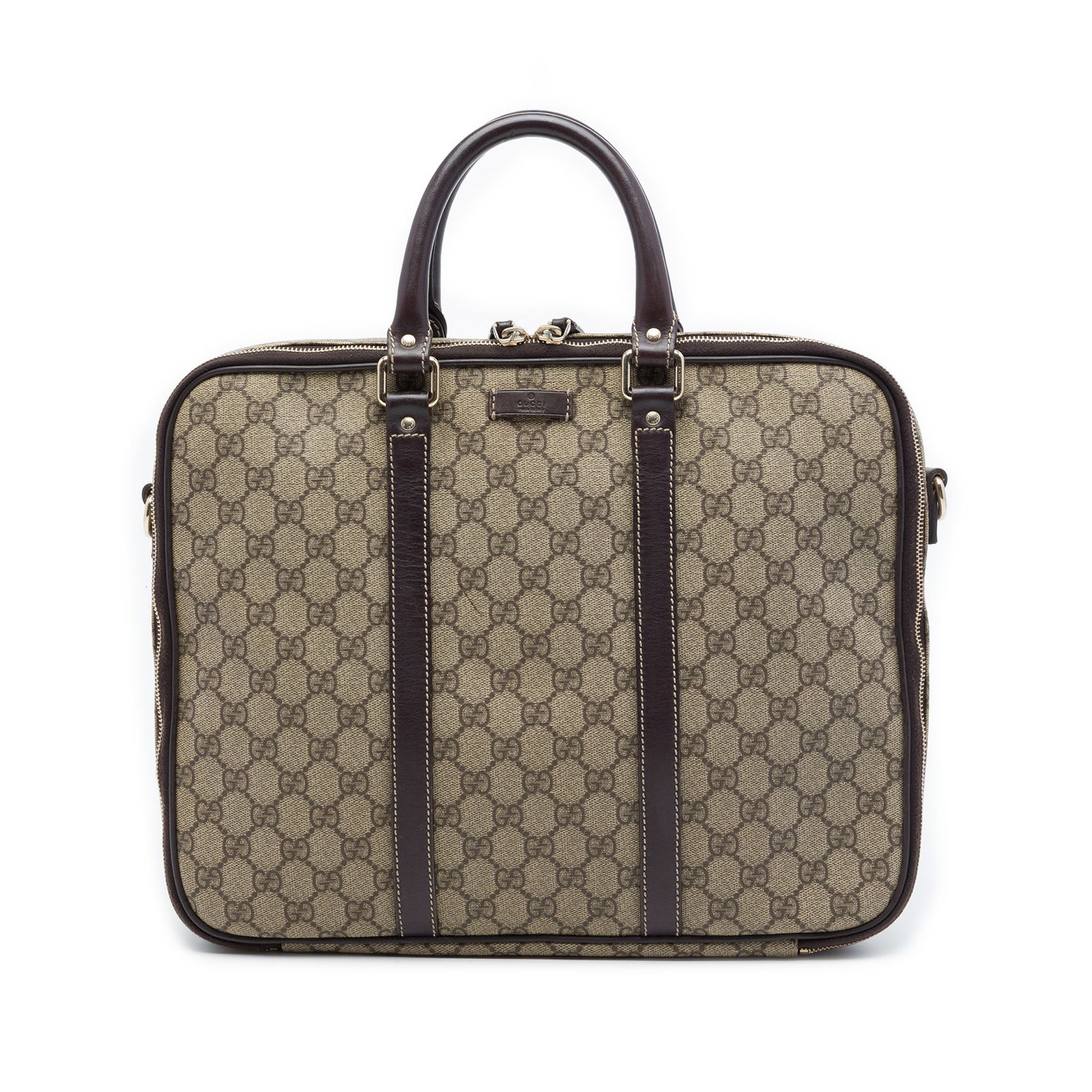 Beige Coated Canvas Briefcase Gucci GG Supreme Leather Trim: Beige Coated Canvas Briefcase Gucci GG Supreme Leather Trim Gucci GG Supreme business bag in beige with a coated canvas body, leather trim, rolled leather handles, and a zip-around closure. Made in It