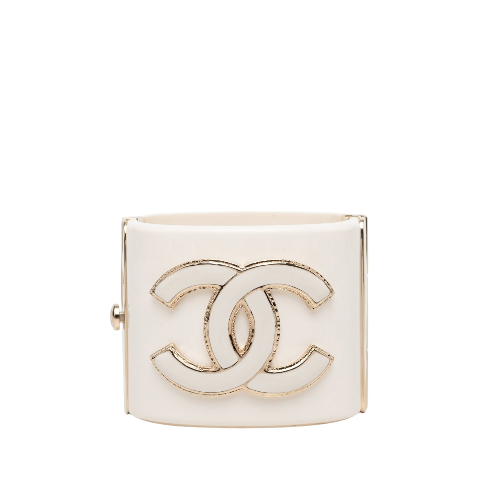 Chanel CC White Resin Cuff Bracelet Gold Tone Trim: Chanel CC White Resin Cuff Bracelet Gold Tone Trim Chanel CC resin cuff bracelet with gold-tone metal trim, hinged construction, and a clasp closure. Made in Italy, this white costume bracelet has a b
