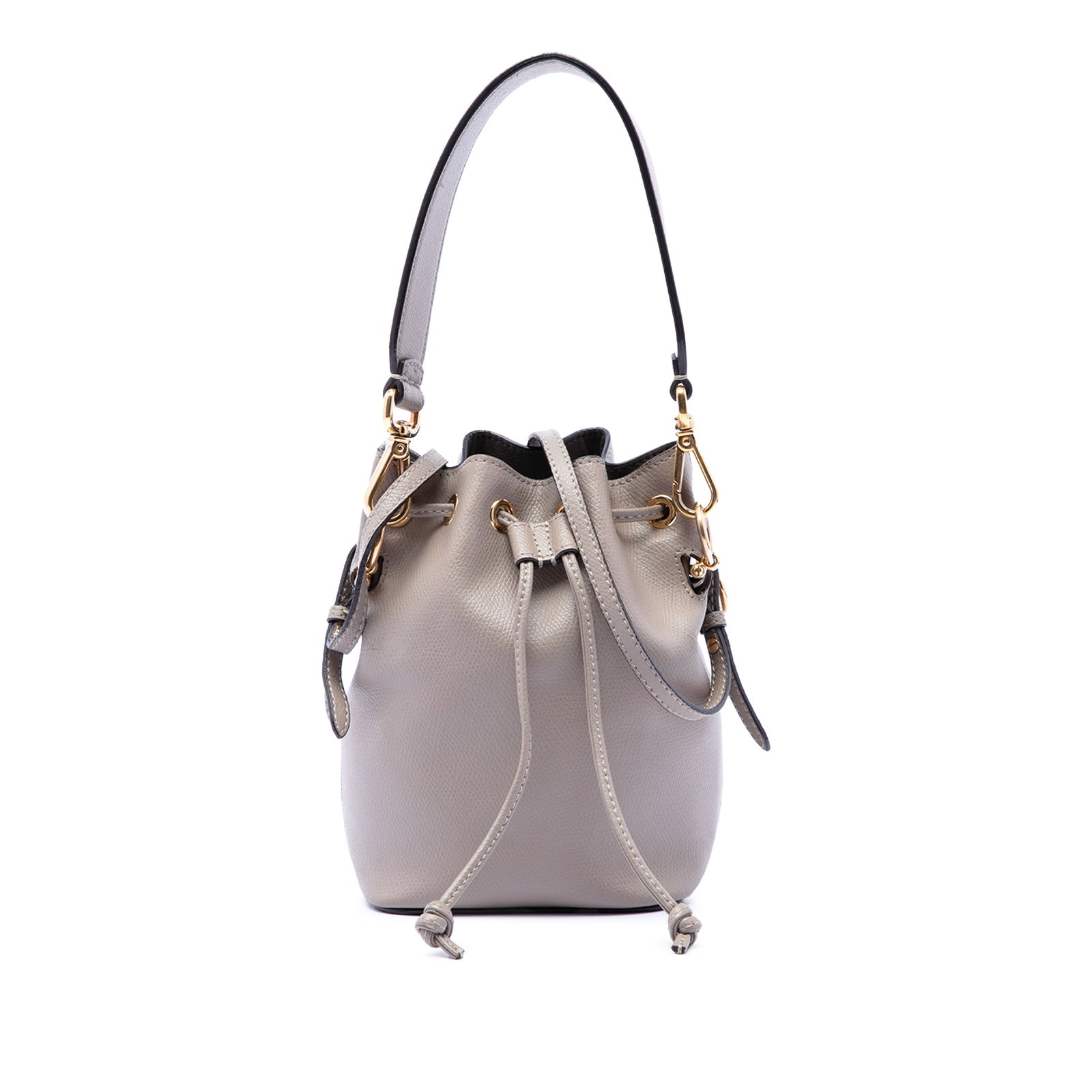 Fendi Mon Tresor Mini Brown Leather Drawstring Bucket Bag: Fendi Mon Tresor Mini Brown Leather Drawstring Bucket Bag Fendi Mon Tresor mini bucket bag crafted in brown leather with a structured silhouette. This design features a flat top handle, a detachable f