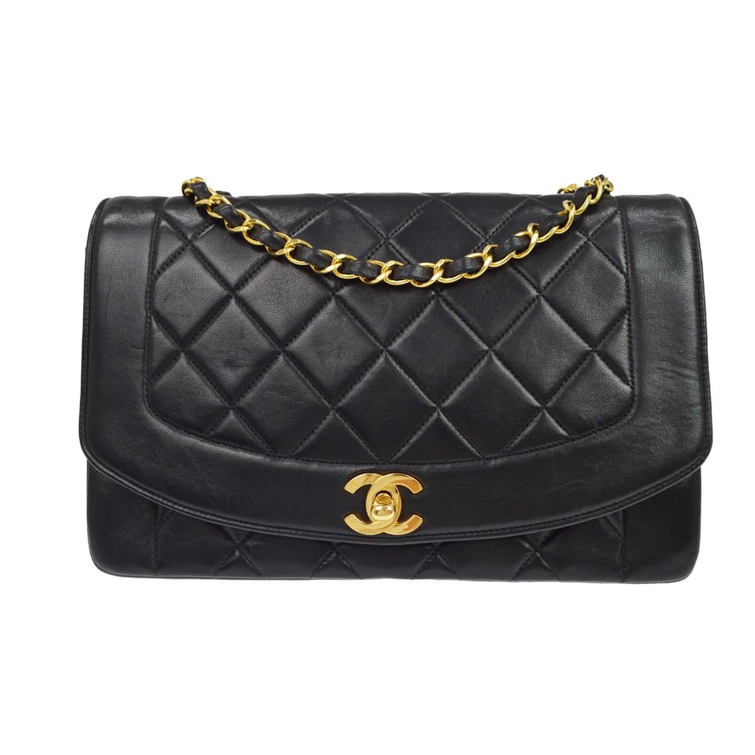 CHANEL Small Diana shoulder bag in black lambskin with CC turnlock: CHANEL Small Diana shoulder bag in black lambskin with CC turnlock Vintage Chanel Small Diana shoulder bag in black lambskin leather with a quilted matelasse design and CC turnlock flap closure. This 