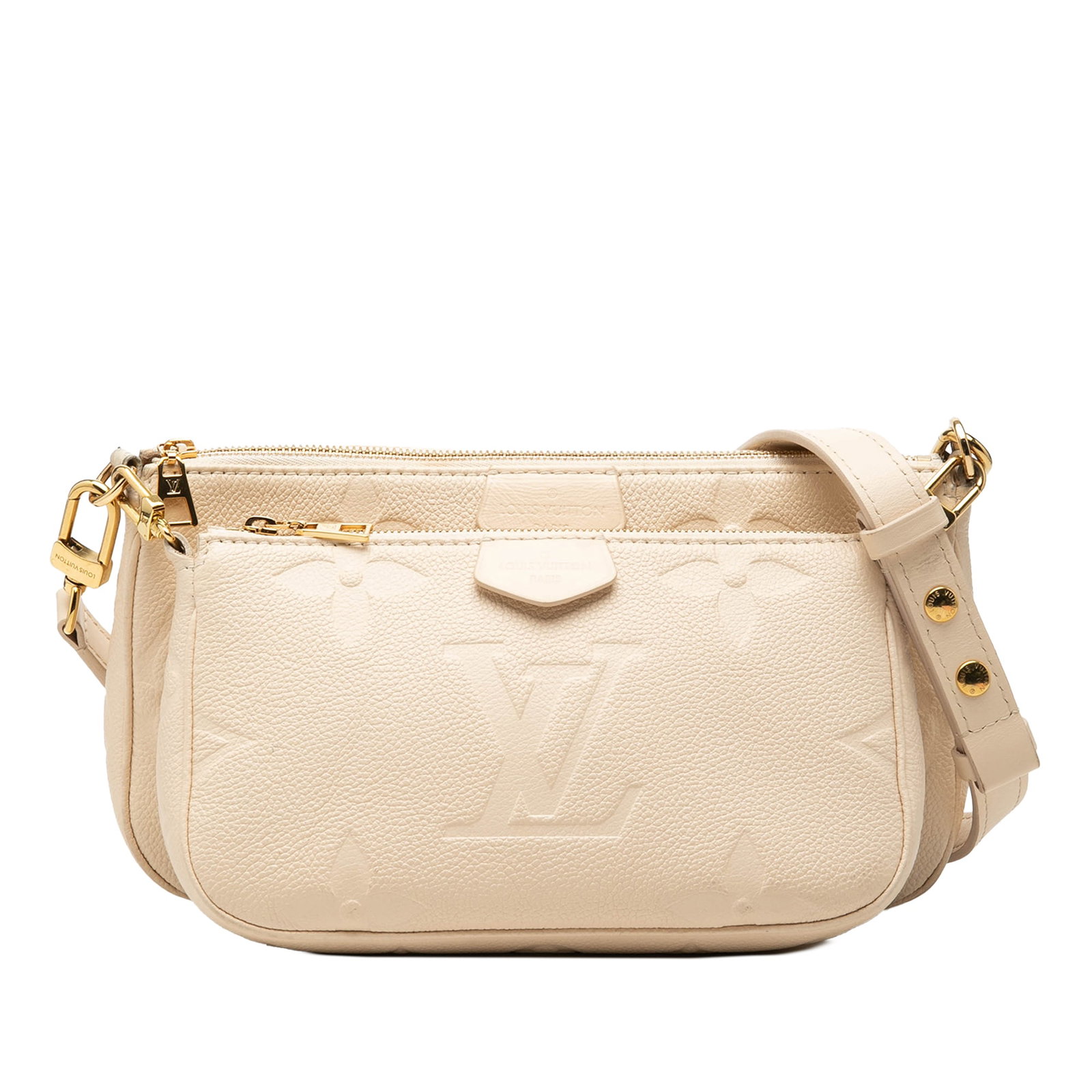 Louis Vuitton Multi Pochette Accessoires Monogram Empreinte Leather Bag: Louis Vuitton Multi Pochette Accessoires Monogram Empreinte Leather Bag Louis Vuitton Monogram Giant Empreinte Multi Pochette Accessoires in white leather. This bag features a removable flat leather s