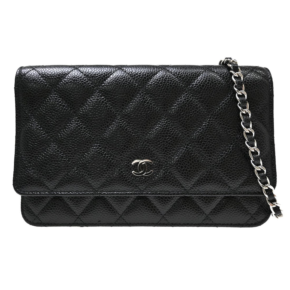 CHANEL Classic WOC Wallet on Chain Black Caviar Leather: CHANEL Classic WOC Wallet on Chain Black Caviar Leather Chanel Classic WOC wallet on chain shoulder bag in black caviar skin leather. This folding wallet style features a compact silhouette with organ