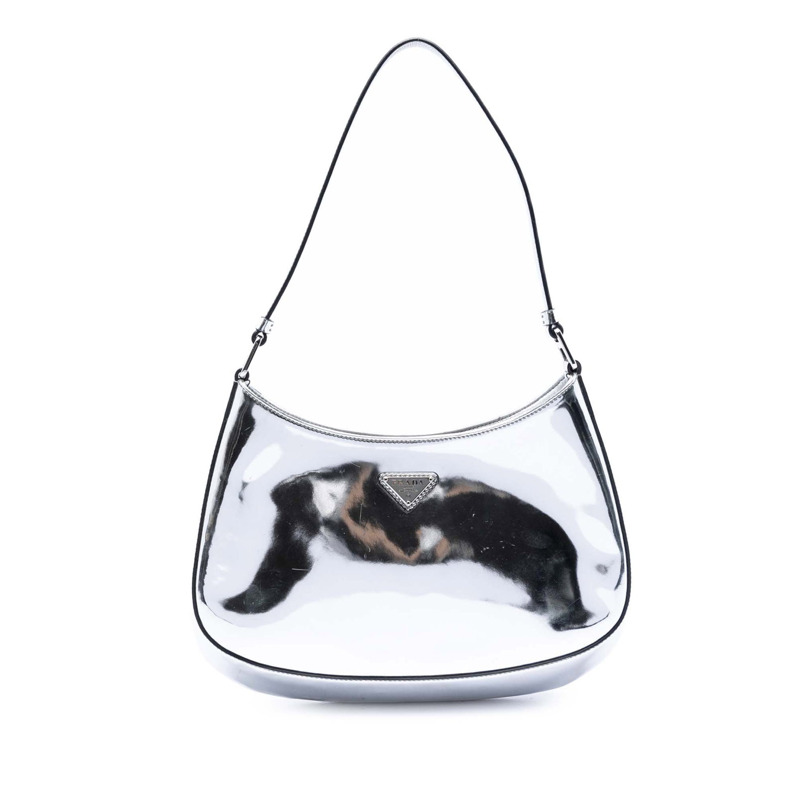 Prada Cleo Spazzolato Leather Shoulder Bag Silver: Prada Cleo Spazzolato Leather Shoulder Bag Silver Prada Cleo shoulder bag in silver spazzolato leather with a structured silhouette and minimalist design. It features a flat leather shoulder strap, an