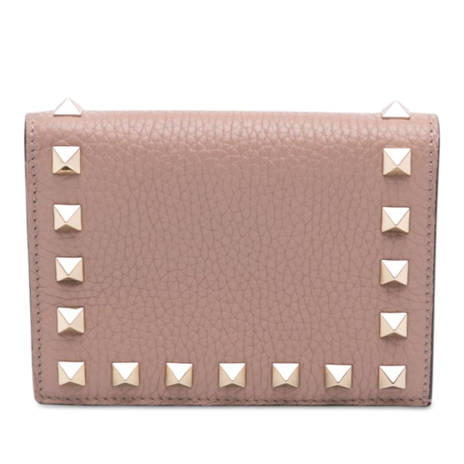 Valentino Rockstud Compact Leather Wallet Pink: Valentino Rockstud Compact Leather Wallet Pink A compact Valentino wallet crafted in pink leather with signature Rockstud detailing. It features a front flap with snap button closure and an organized 