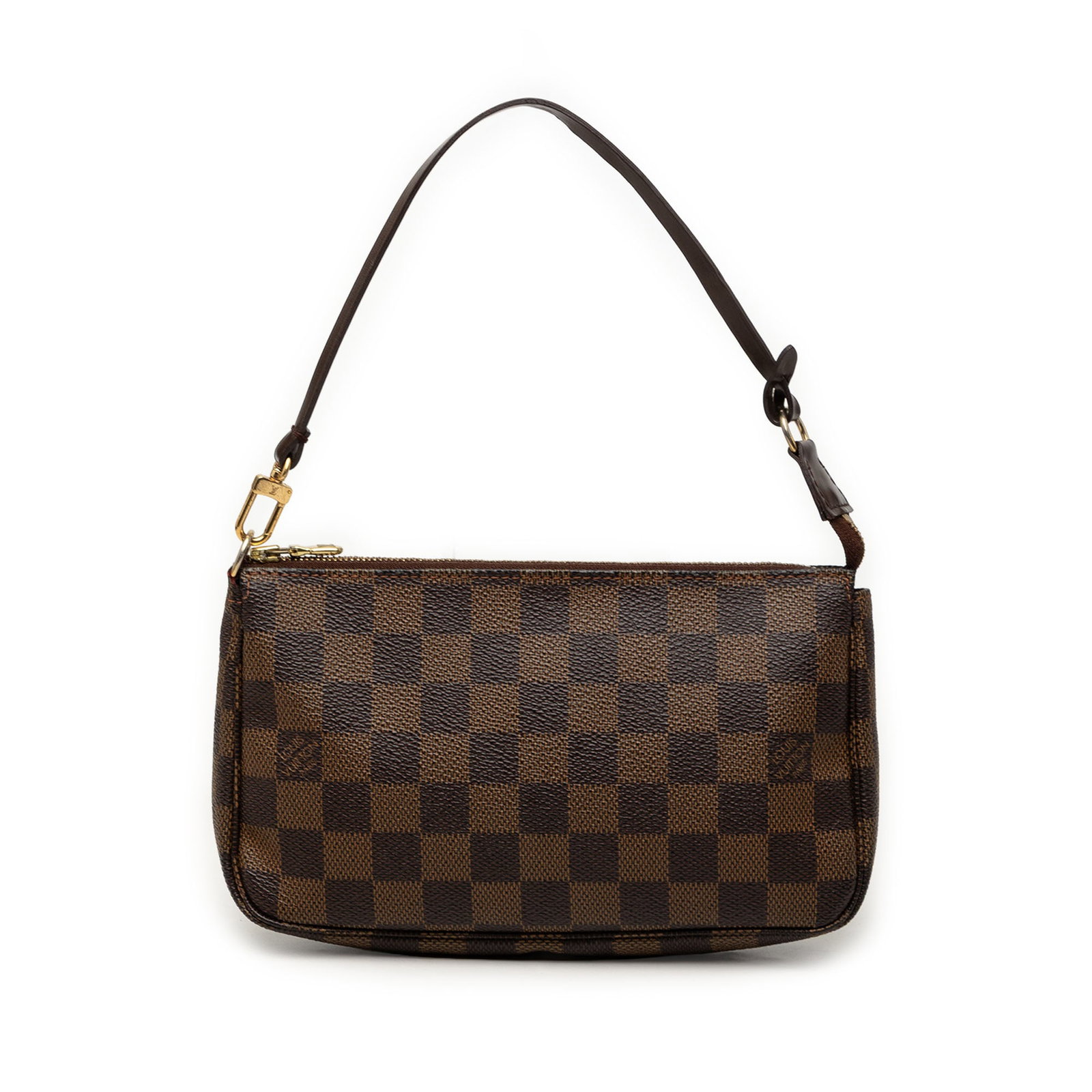 Louis Vuitton Damier Ebene Pochette Accessoires Brown Canvas Bag: Louis Vuitton Damier Ebene Pochette Accessoires Brown Canvas Bag Louis Vuitton Damier Ebene Pochette Accessoires in brown fabric with a compact silhouette, flat leather handle, and top zip closure. Ma
