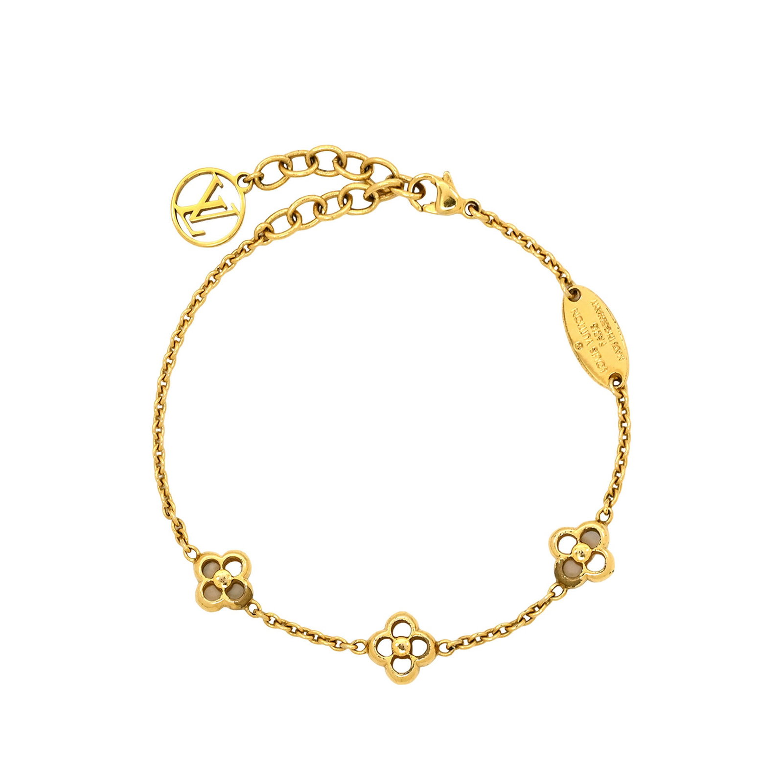 Louis Vuitton Gold Tone Metal Bracelet with Flower Motif: Louis Vuitton Gold Tone Metal Bracelet with Flower Motif Louis Vuitton bracelet with a gold-tone chain and flower embellishment. It features a lobster clasp closure and comes with a box. Condition is 