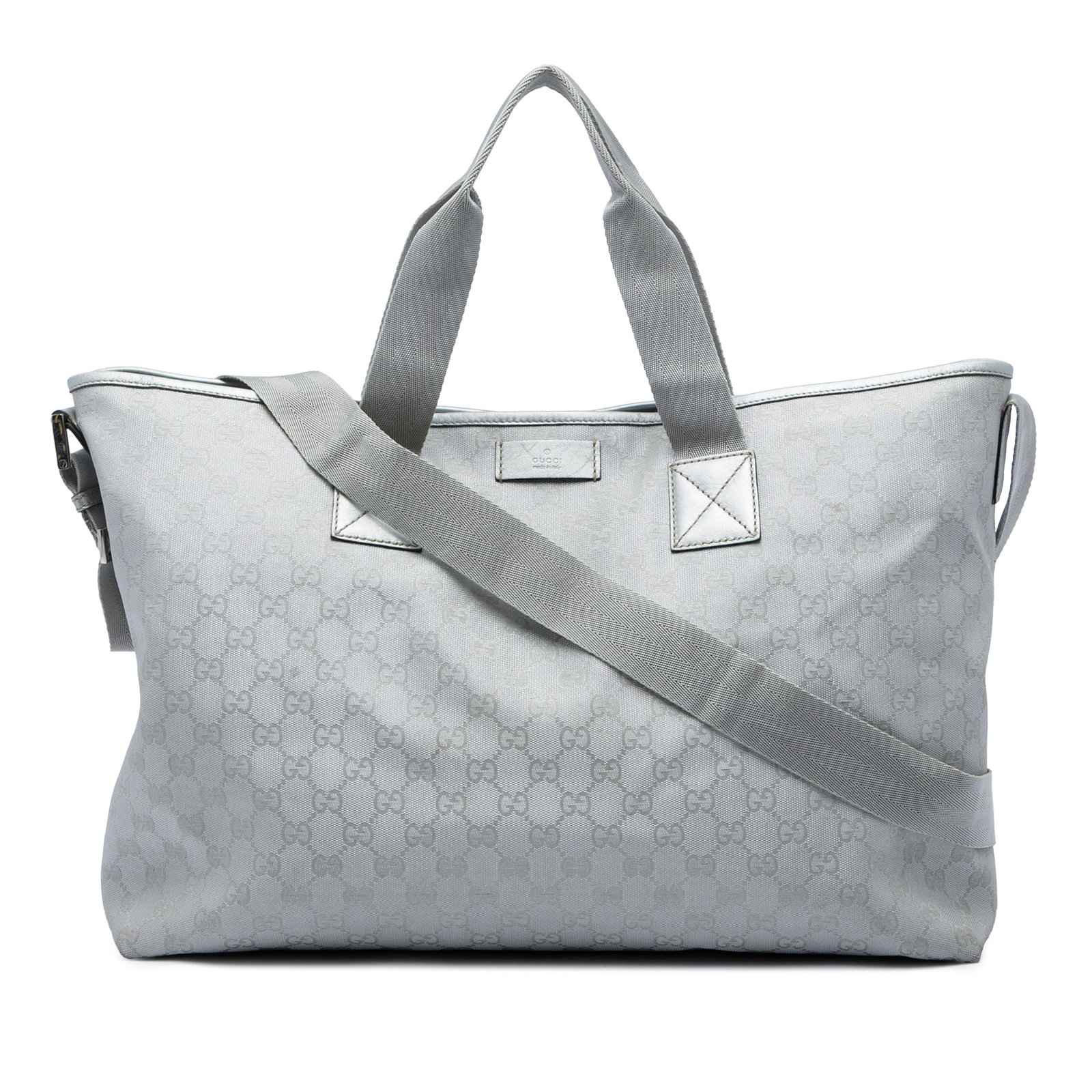 Gucci GG Canvas Gray Satchel Bag with Leather Trim: Gucci GG Canvas Gray Satchel Bag with Leather Trim Gucci GG Canvas satchel in gray canvas with leather trim. This bag features flat canvas handles, an adjustable shoulder strap, an open top with magne