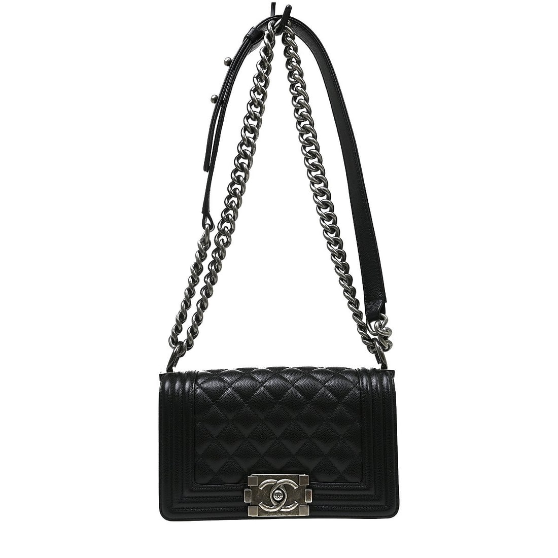 CHANEL Boy Chanel Mini Black Caviar Leather Shoulder Bag: CHANEL Boy Chanel Mini Black Caviar Leather Shoulder Bag Chanel Boy Chanel small chain shoulder bag in black caviar skin leather. This women's shoulder bag features a clasp flap closure, chain strap, 
