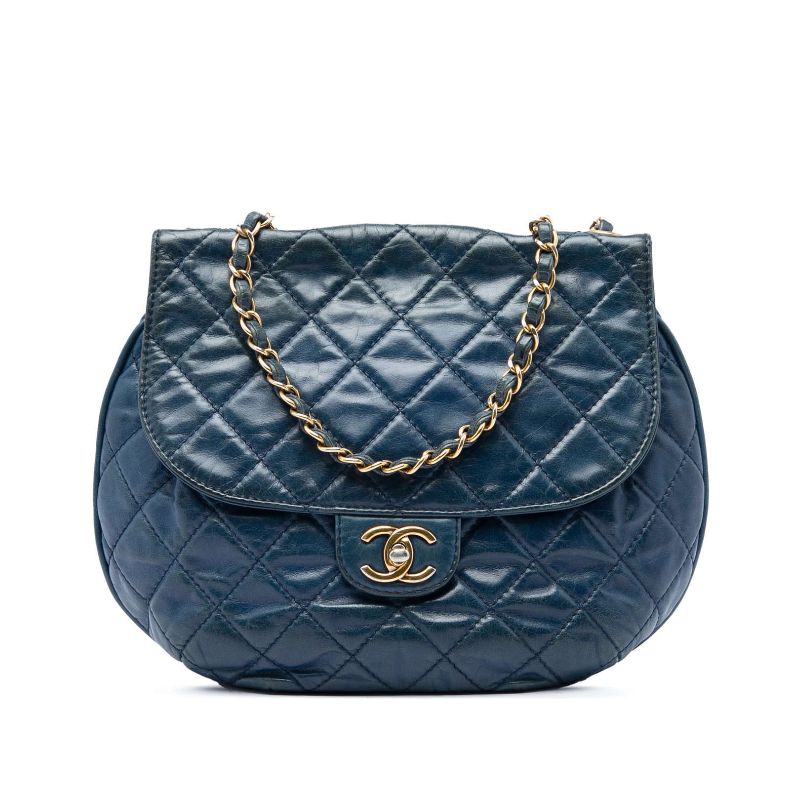 Chanel Bubble CC Medium Flap Bag Blue Glazed Calfskin: Chanel Bubble CC Medium Flap Bag Blue Glazed Calfskin A Chanel Medium Quilted Glazed Calfskin Bubble CC Flap bag in blue leather. This flap-style bag features a quilted leather body, a leather-woven c