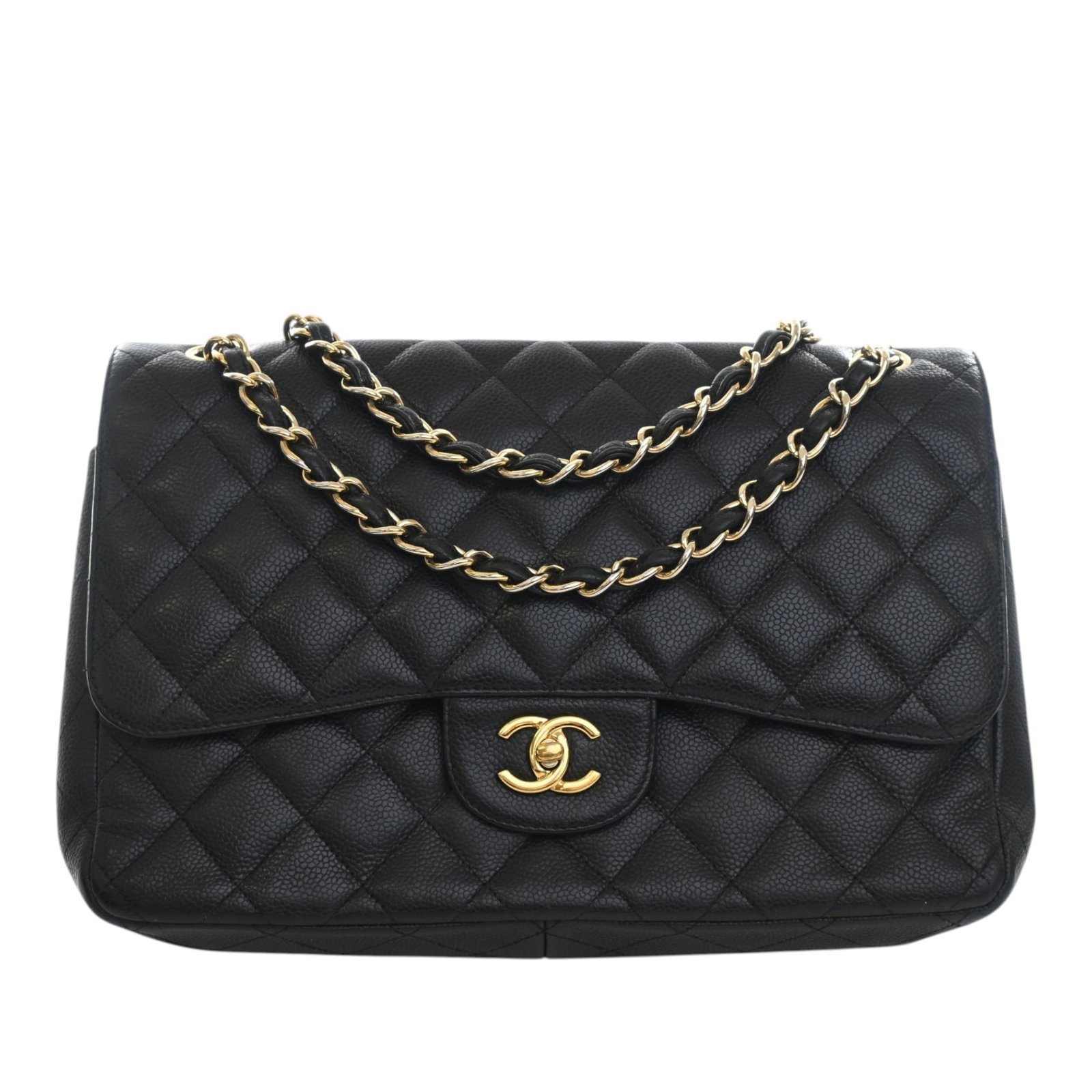Chanel Jumbo Classic Double Flap Shoulder Bag in Black Caviar Leather: Chanel Jumbo Classic Double Flap Shoulder Bag in Black Caviar Leather A Chanel Jumbo Classic Caviar Double Flap shoulder bag in black quilted caviar leather. It features leather-woven chain straps, a 