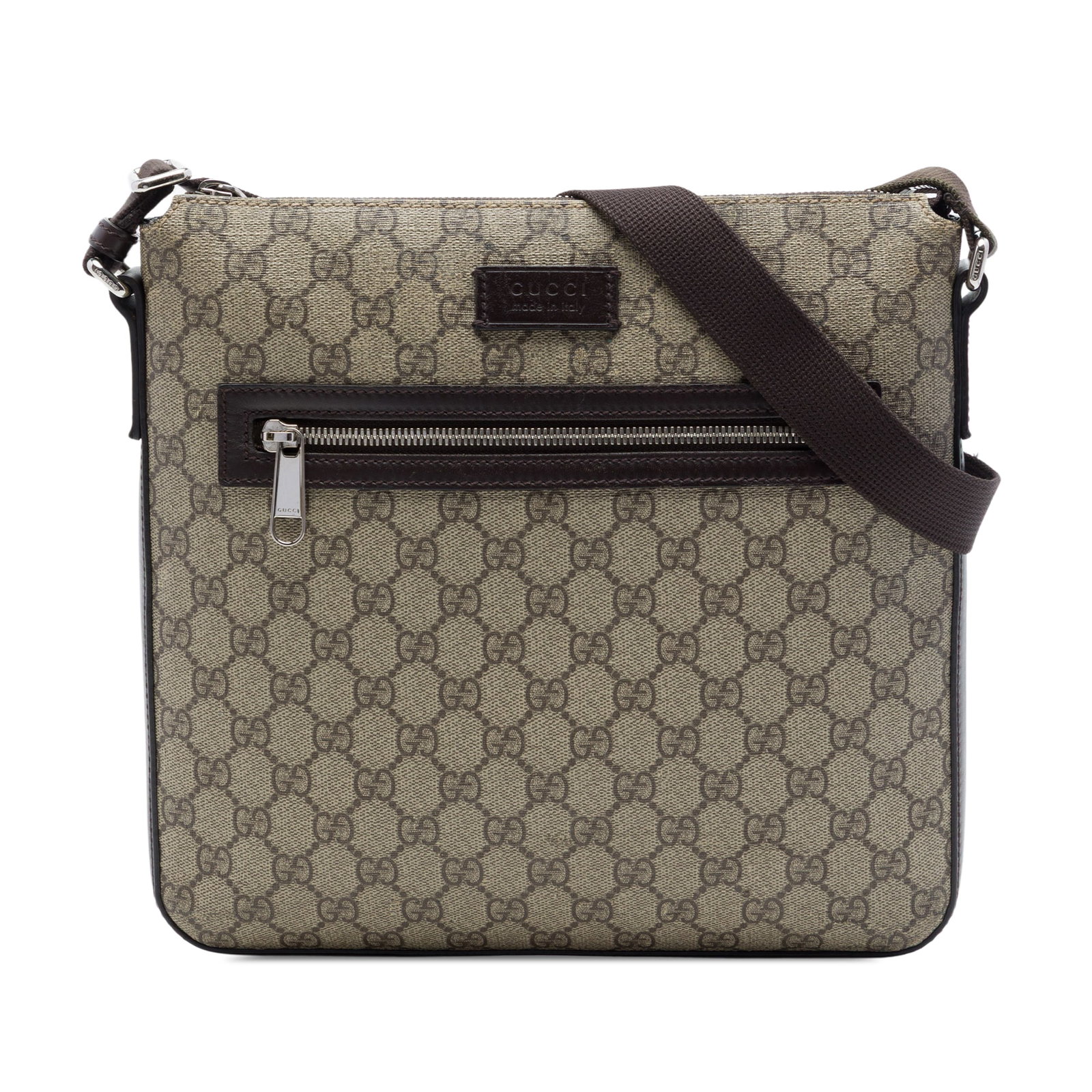 Gucci GG Supreme beige coated canvas crossbody bag: Gucci GG Supreme beige coated canvas crossbody bag Gucci GG Supreme Crossbody bag in beige with a coated canvas body and adjustable flat strap. The design includes a top zip closure, an exterior front