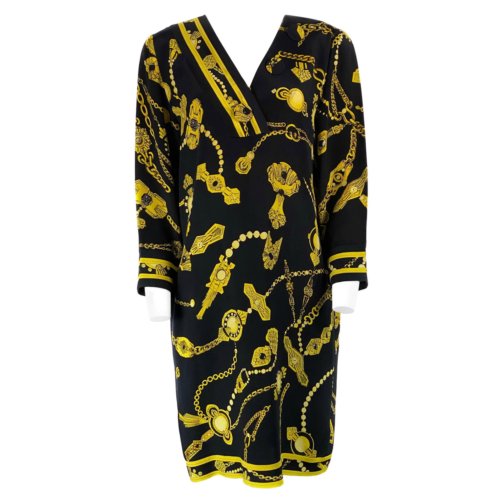 Leonard Silk Mini Dress Black Yellow Chain Print V Neck Size M (1 of 9)