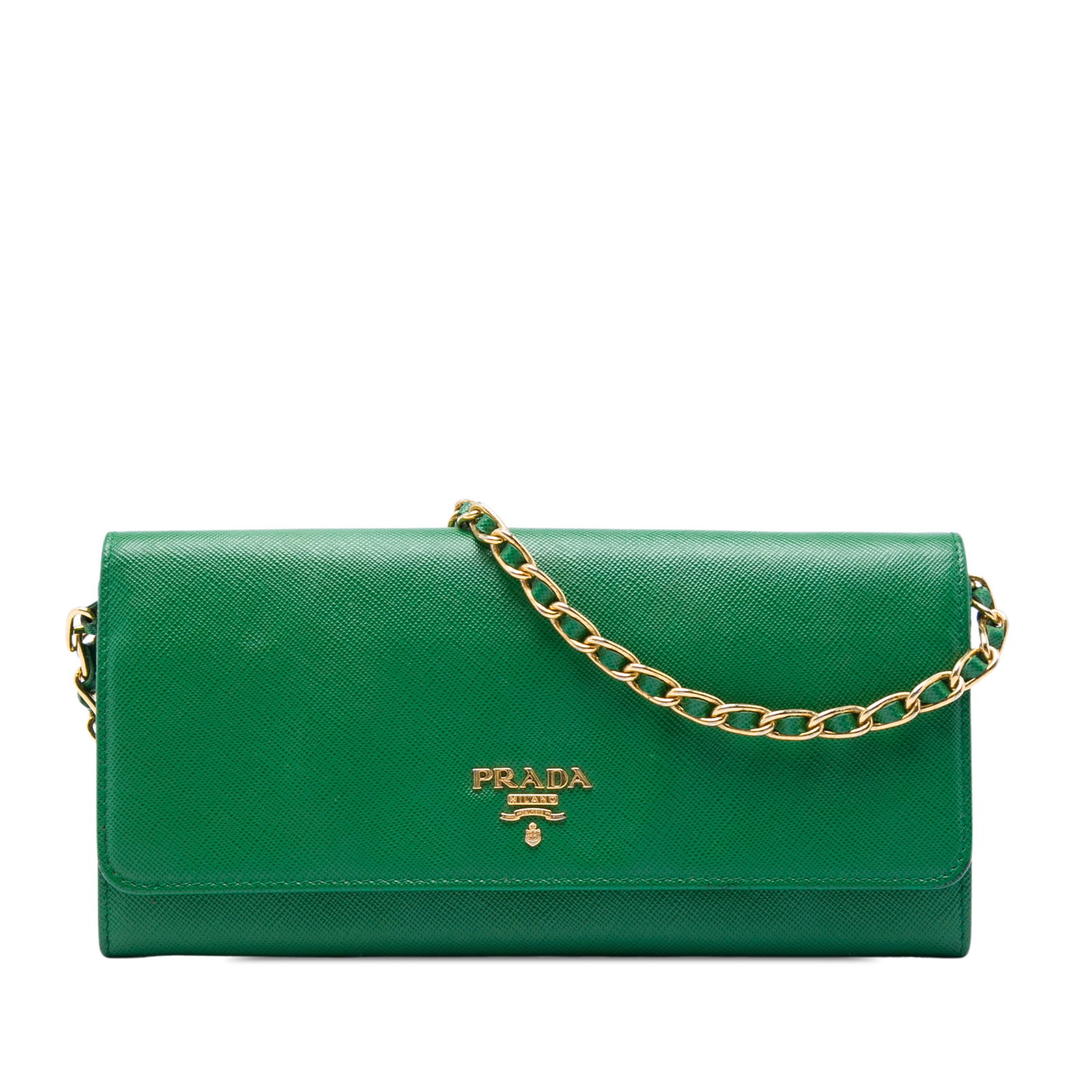 Prada Saffiano Lux leather wallet on chain green: Prada Saffiano Lux leather wallet on chain green Prada Saffiano Lux Wallet On Chain in green saffiano leather. This compact bag features a chain link strap, a front flap with snap button closure, and 