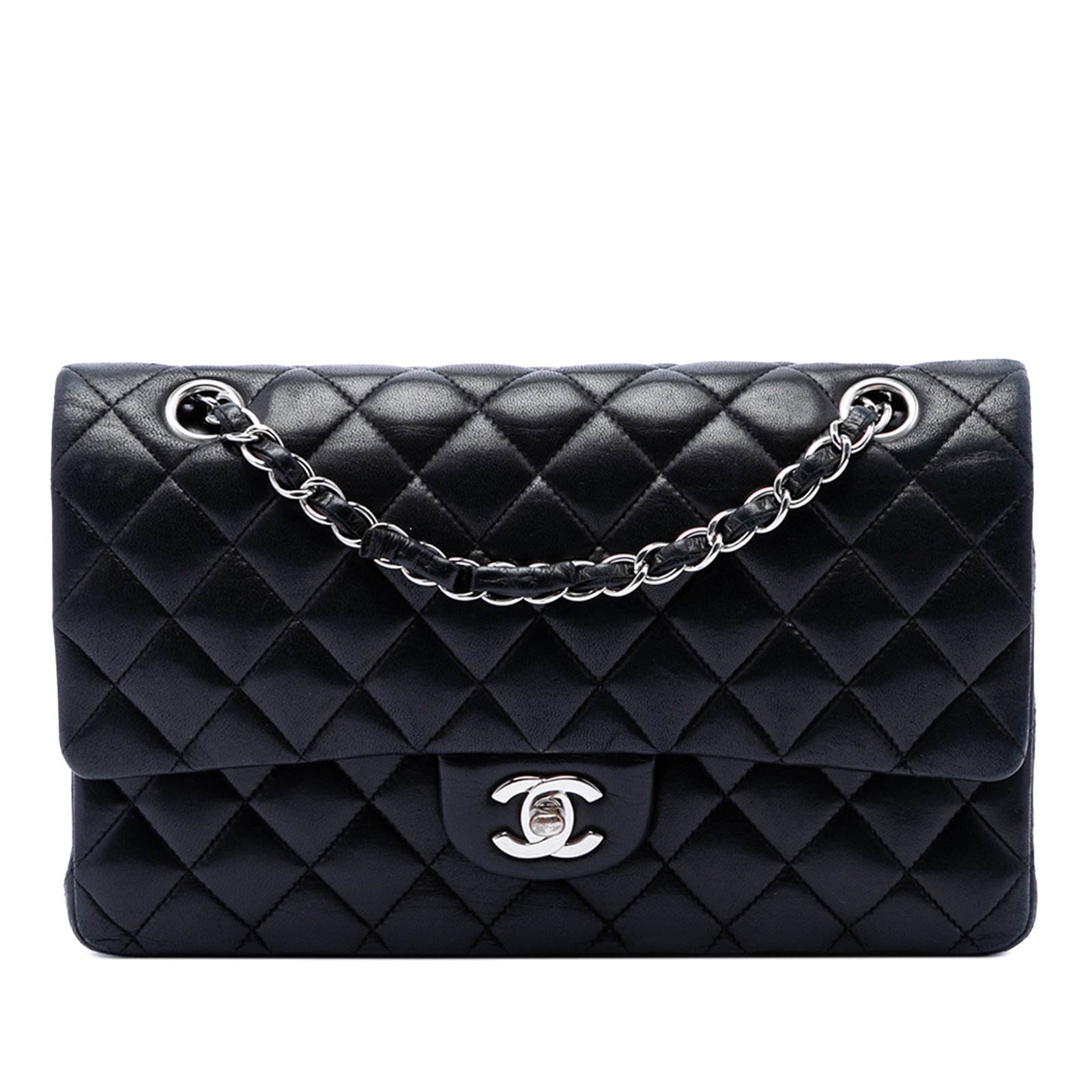 Chanel Jumbo Classic Double Flap Shoulder Bag Black Lambskin: Chanel Jumbo Classic Double Flap Shoulder Bag Black Lambskin A Chanel Jumbo Classic Lambskin Double Flap shoulder bag crafted in black quilted lambskin leather. It features leather-woven chain link st